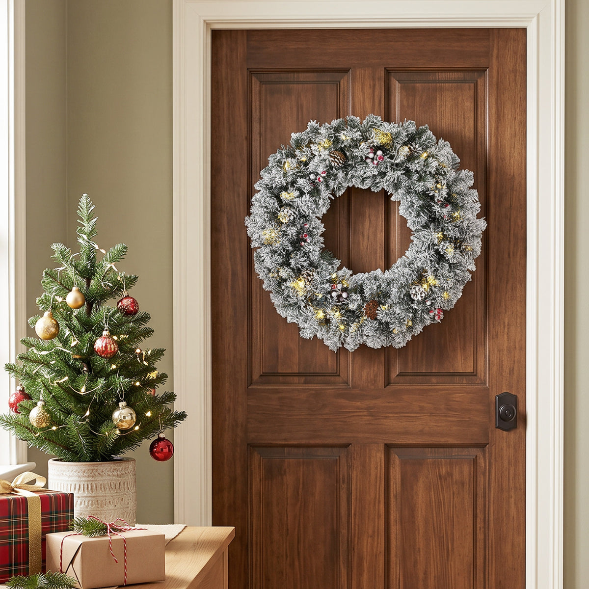 24 Inch Pre-Lit Christmas Wreath for Front Door with LED Lights, Pine Cones and Berries, Flocked Winter Wreath for Windows, Wall Decoration, Green