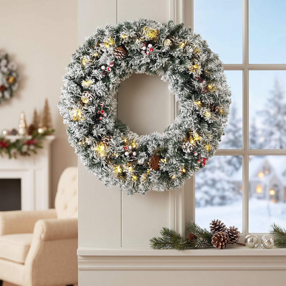 24 Inch Pre-Lit Christmas Wreath for Front Door with LED Lights, Pine Cones and Berries, Flocked Winter Wreath for Windows, Wall Decoration, Green
