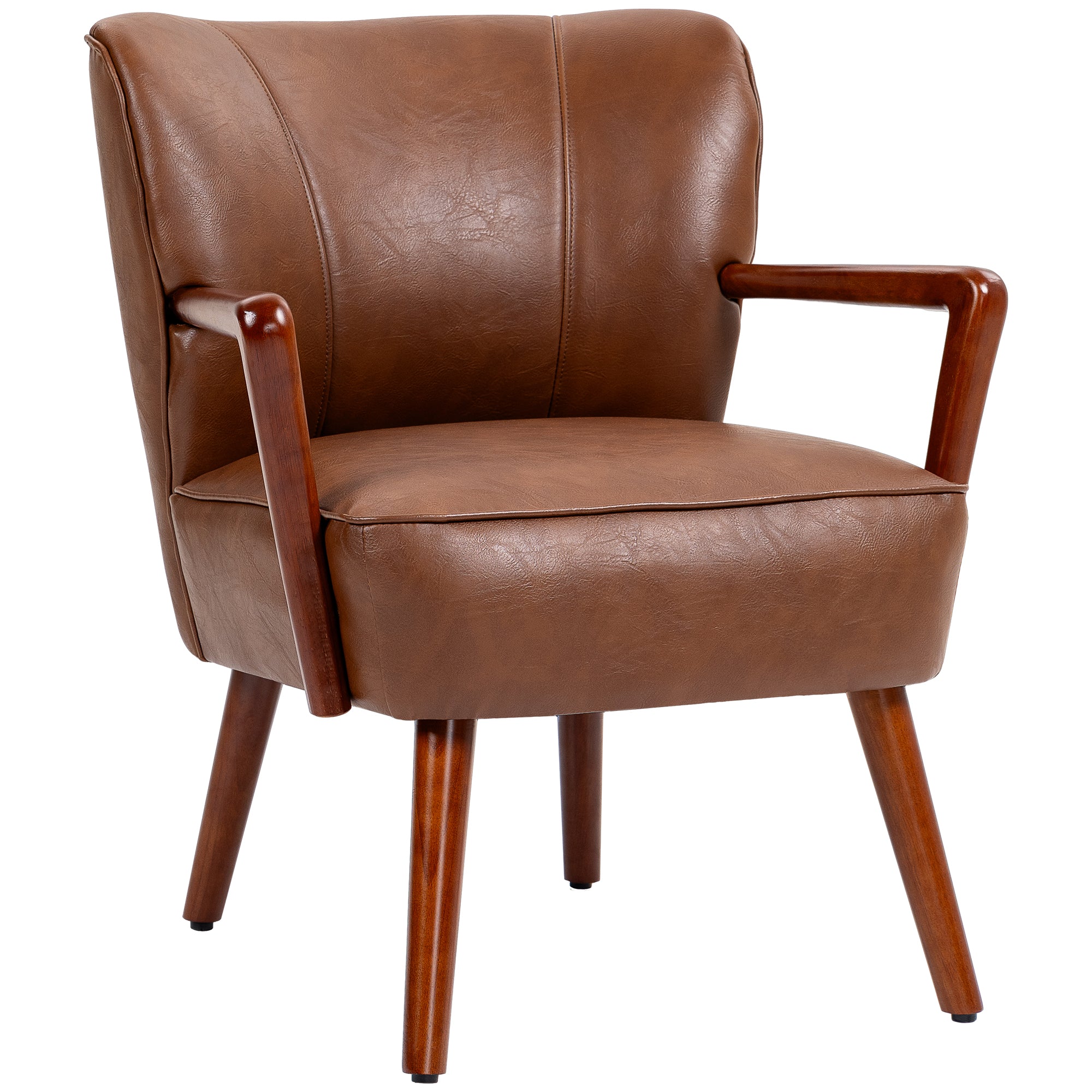 HOMCOM Modern Accent Chair, Upholstered Armchair, Faux Leather Living Room Chair with Wood Legs and Wide Padded Seat, Brown