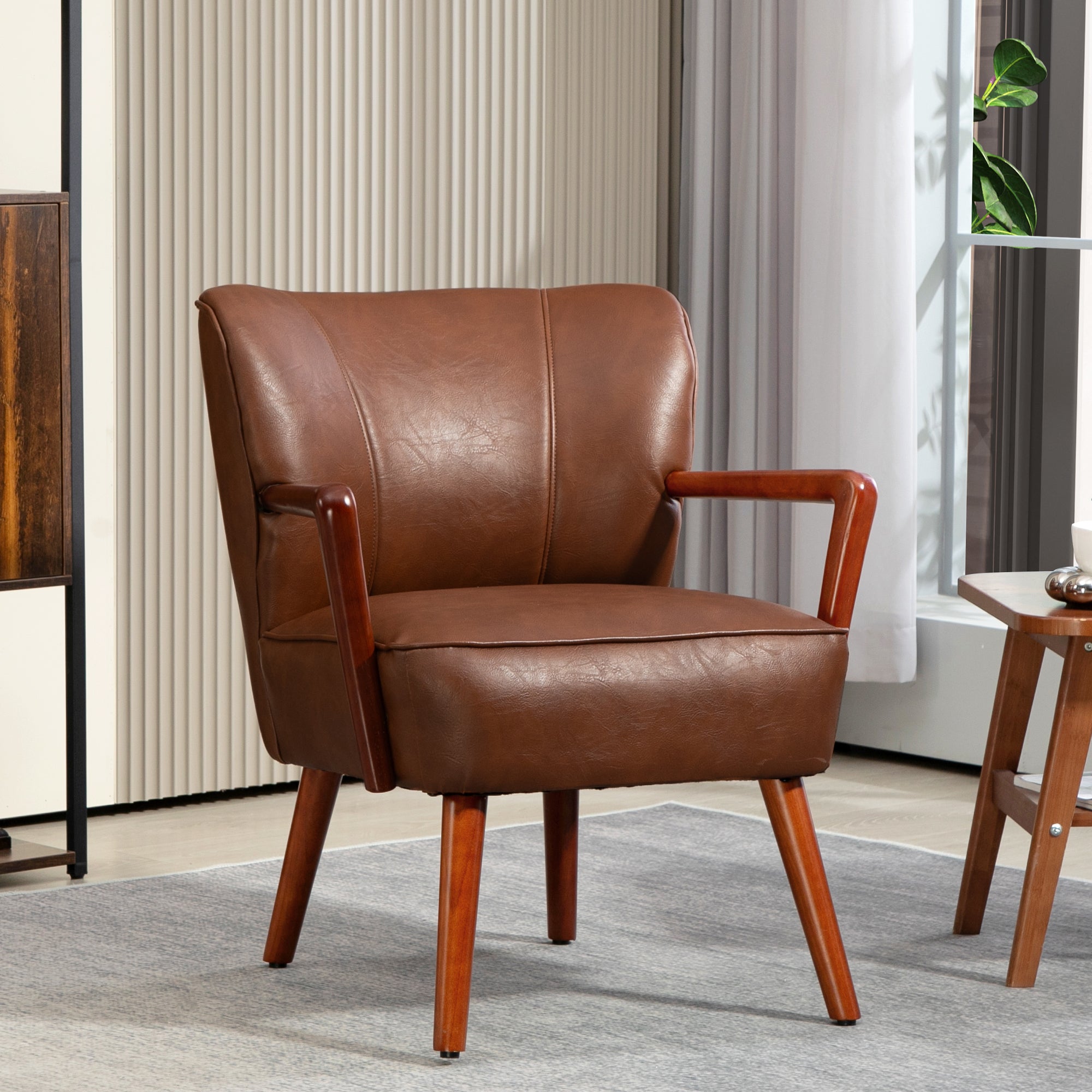 HOMCOM Modern Accent Chair, Upholstered Armchair, Faux Leather Living Room Chair with Wood Legs and Wide Padded Seat, Brown