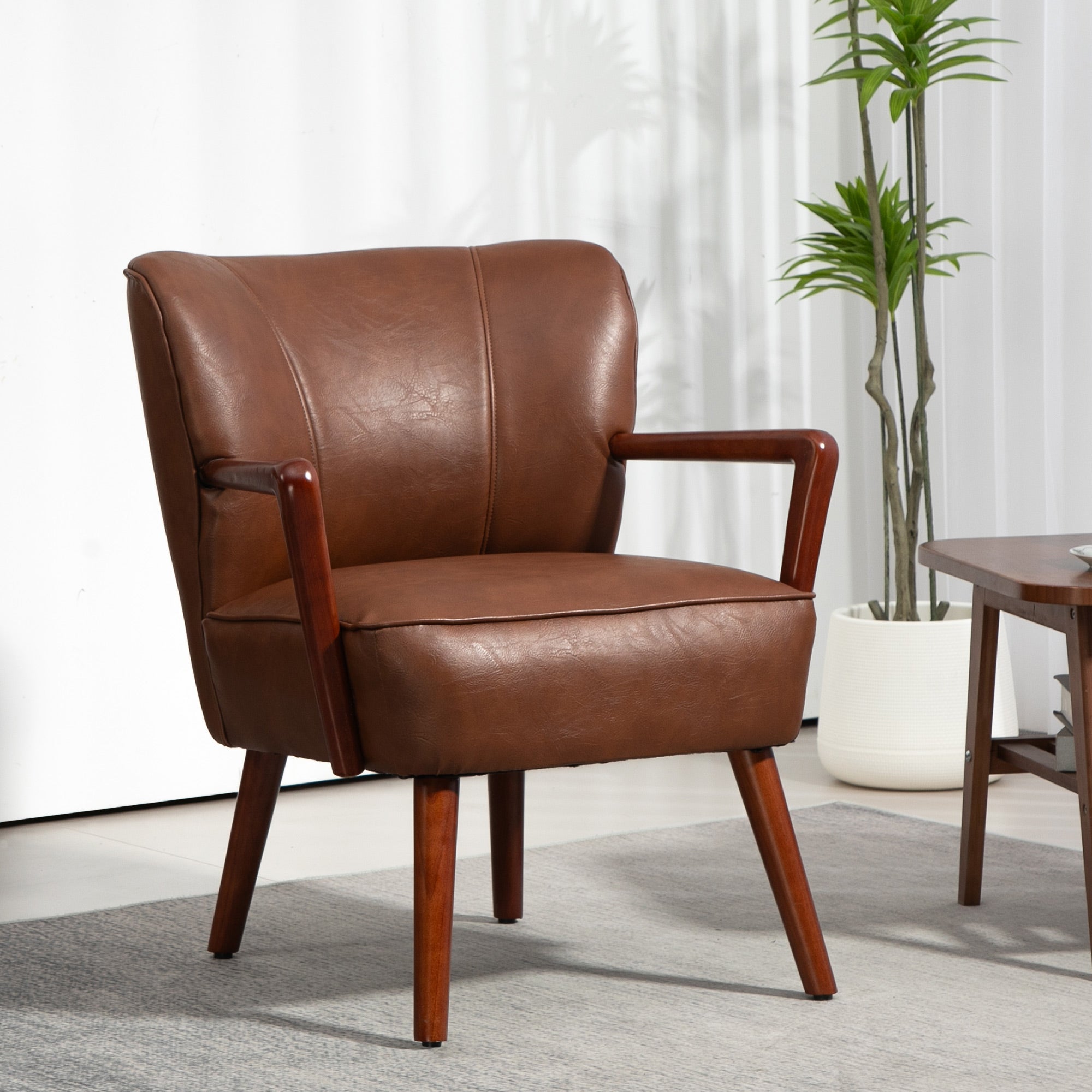 HOMCOM Modern Accent Chair, Upholstered Armchair, Faux Leather Living Room Chair with Wood Legs and Wide Padded Seat, Brown