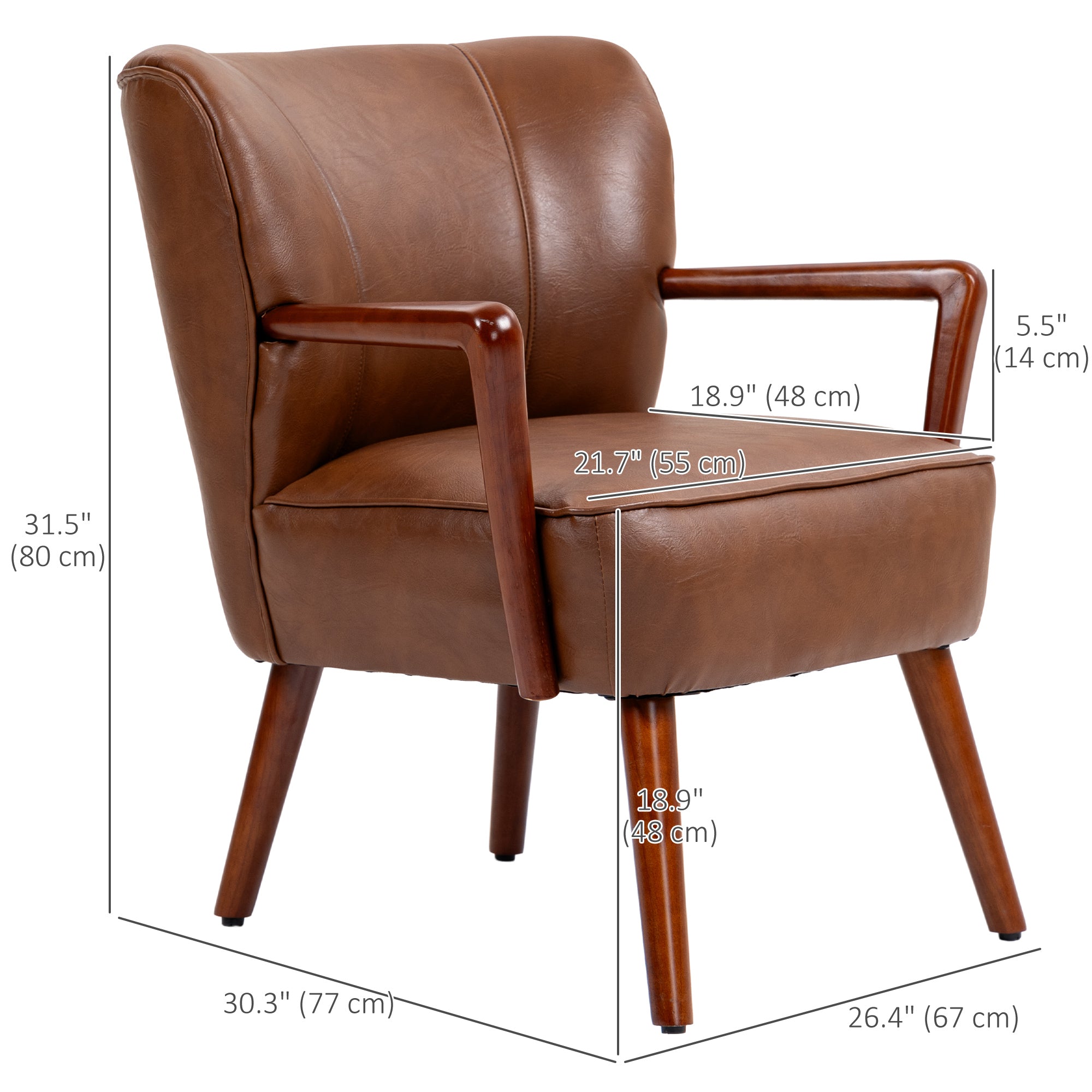 HOMCOM Modern Accent Chair, Upholstered Armchair, Faux Leather Living Room Chair with Wood Legs and Wide Padded Seat, Brown