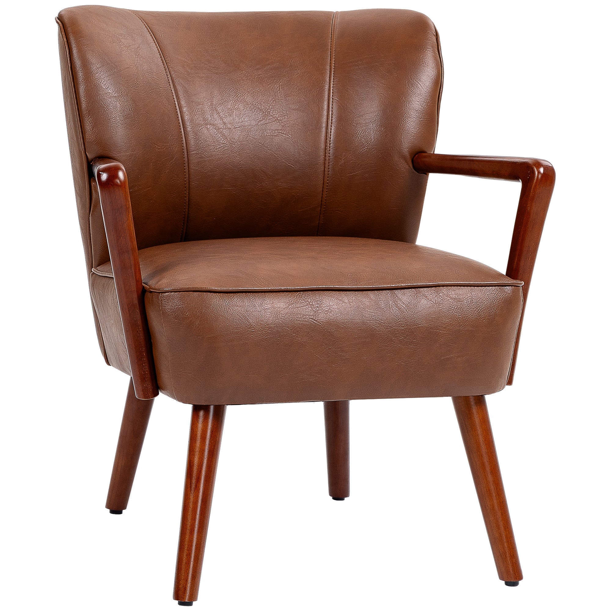 HOMCOM Modern Accent Chair, Upholstered Armchair, Faux Leather Living Room Chair with Wood Legs and Wide Padded Seat, Brown