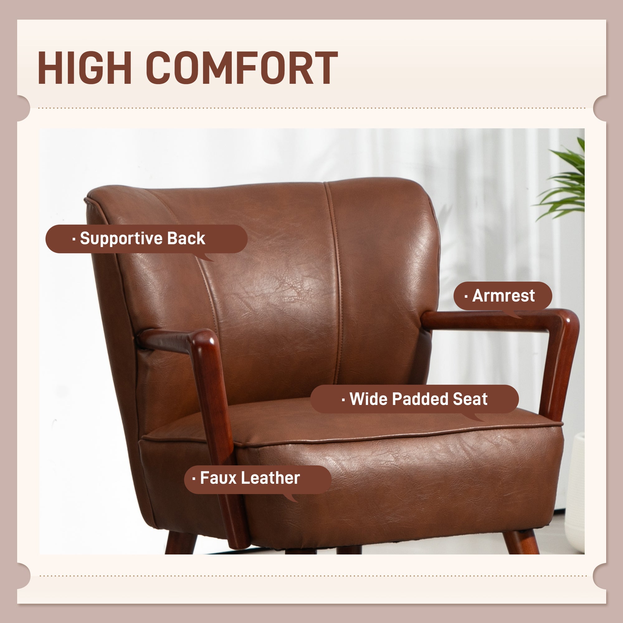 HOMCOM Modern Accent Chair, Upholstered Armchair, Faux Leather Living Room Chair with Wood Legs and Wide Padded Seat, Brown