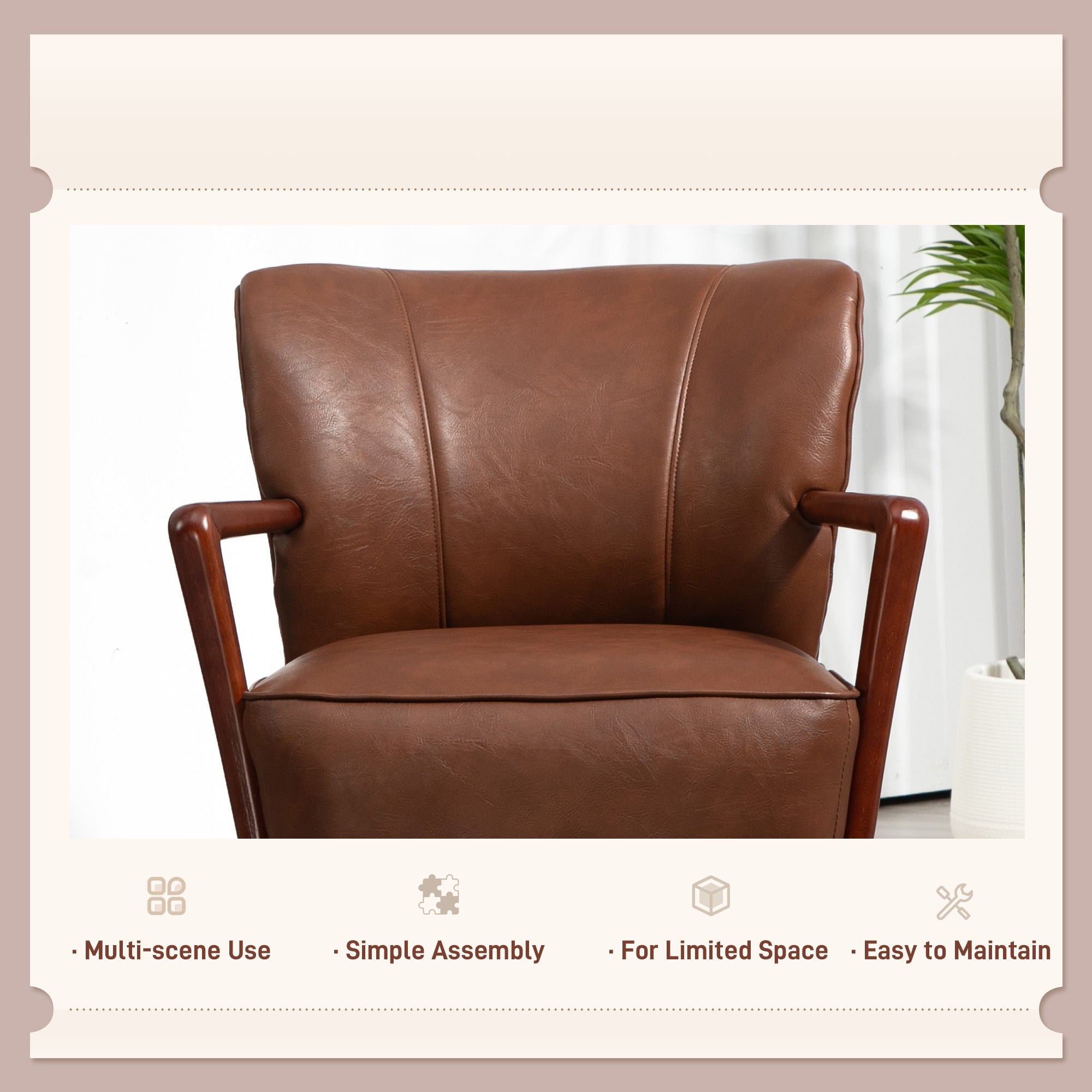 HOMCOM Modern Accent Chair, Upholstered Armchair, Faux Leather Living Room Chair with Wood Legs and Wide Padded Seat, Brown