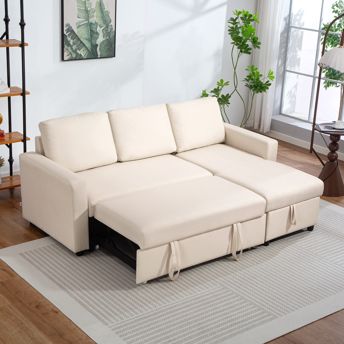 83" Sofa Bed, Convertible Pull Out Sleeper Sofa, Linen L Shaped Sectional Couch with Reversible Storage Chaise, Wide and Deep Seat for Living Room, Apartment, Cream White