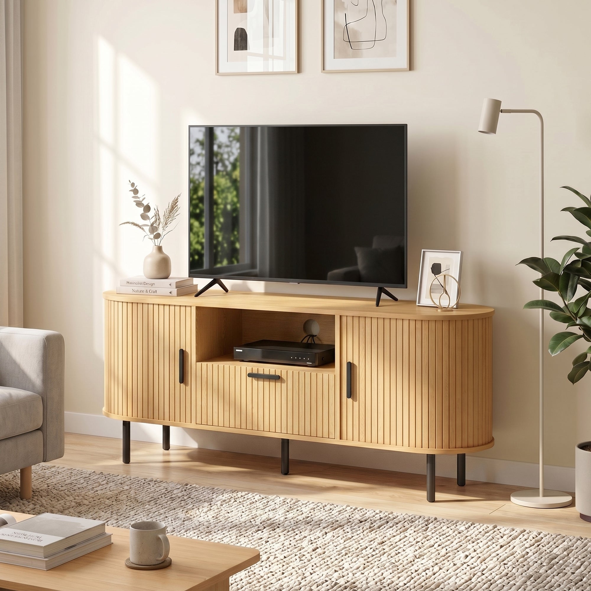 TV Stand for TVs up to 60", Modern Entertainment Center with Curved Sliding Doors, Media Console with Drawer, Cabinet and Shelf, Natural Wood