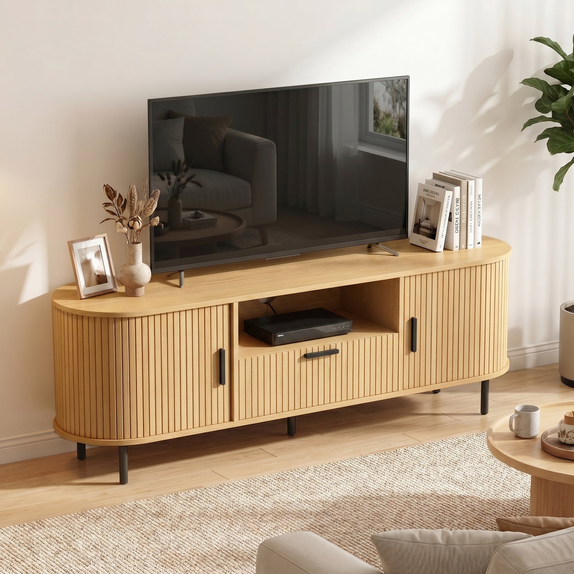 TV Stand for TVs up to 60", Modern Entertainment Center with Curved Sliding Doors, Media Console with Drawer, Cabinet and Shelf, Natural Wood