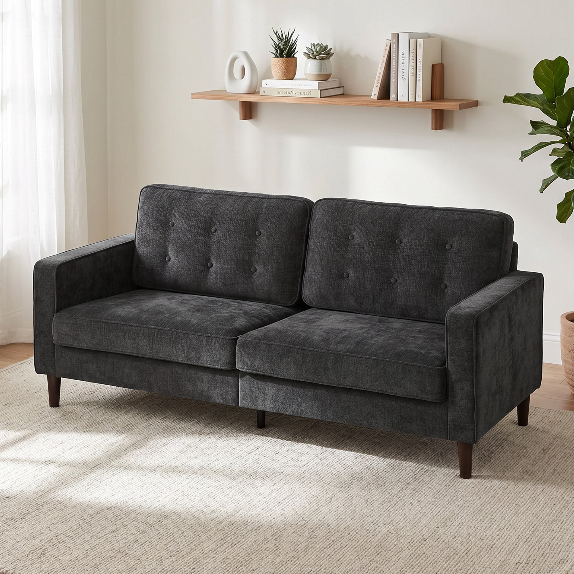 3 Seater Sofa, Upholstered Couch for Bedroom, Modern Sofa Settee with Padded Cushion, Button Tufting and Wood Legs for Living Room, Dark Grey