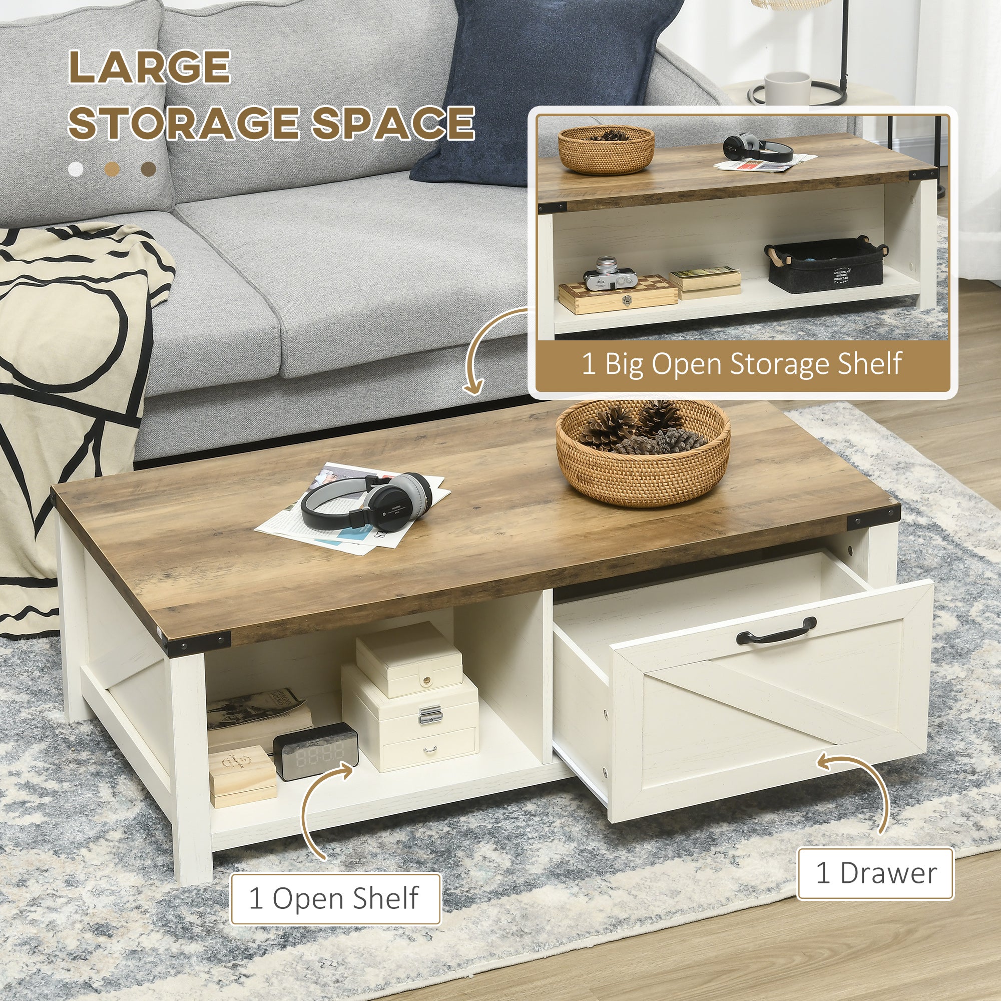 Farmhouse Coffee Table with Storage and Drawer Rustic Living Room Table Open Shelf White