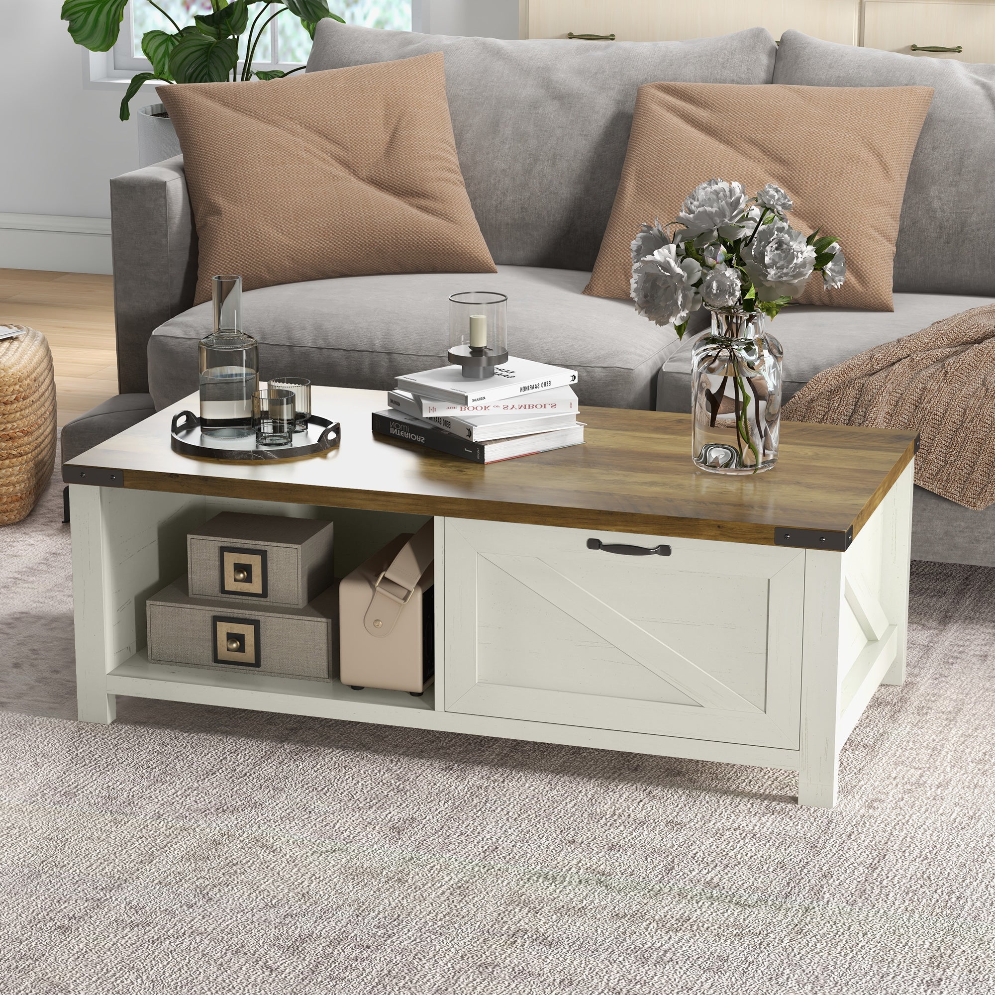 Farmhouse Coffee Table with Storage and Drawer Rustic Living Room Table Open Shelf White