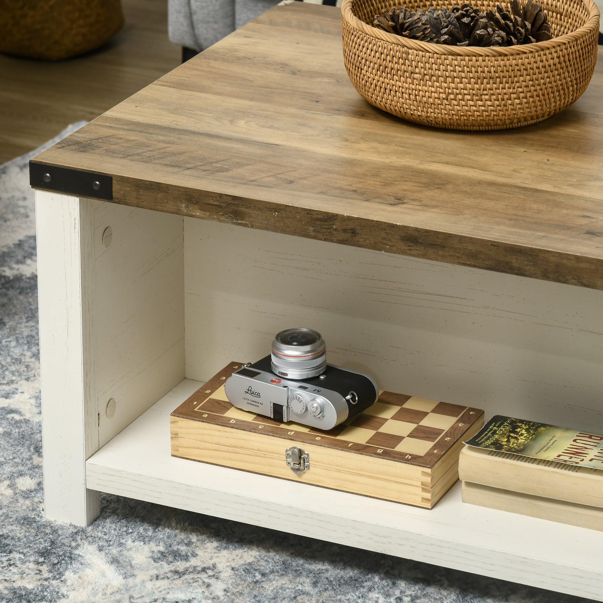 Farmhouse Coffee Table with Storage and Drawer Rustic Living Room Table Open Shelf White