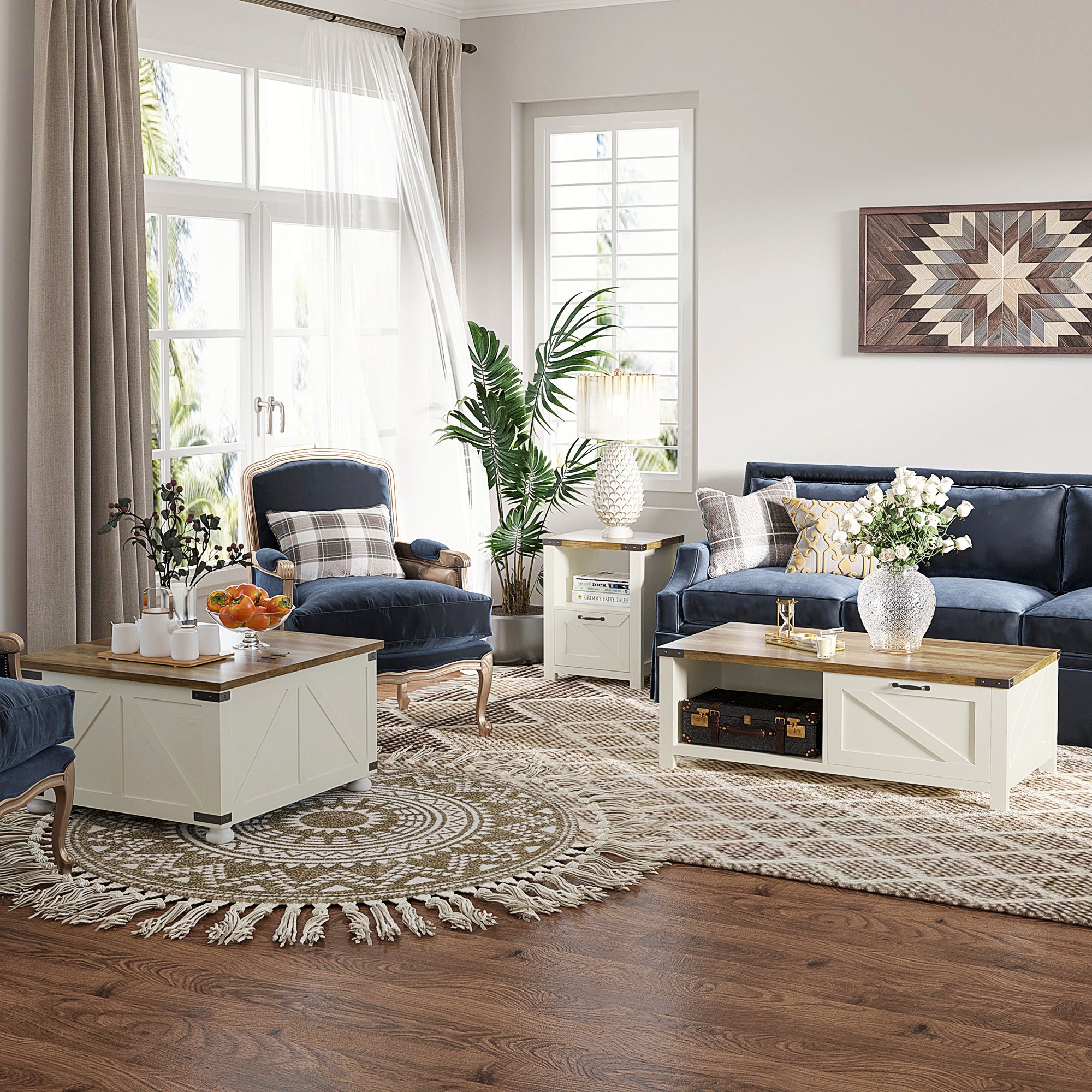 Farmhouse Coffee Table with Storage and Drawer Rustic Living Room Table Open Shelf White