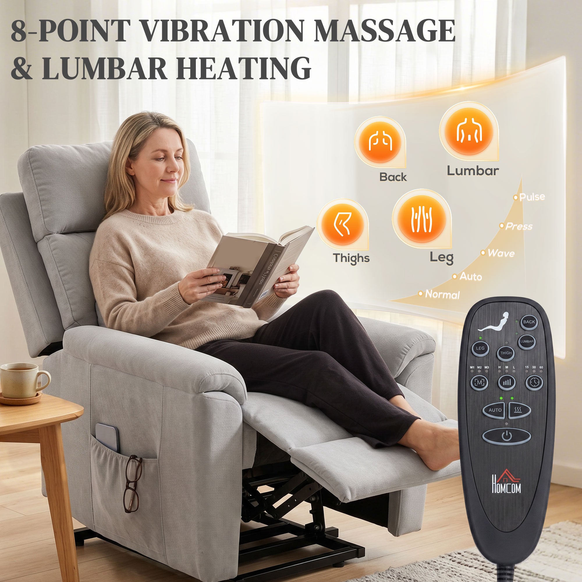 Power Lift Recliner Chair with Vibration Massage and Heat, Terry Cloth Electric Lift Chair for Elderly with Spring Cushion, High Back, Remote, Recliner Armchair for Living Room, Light Grey
