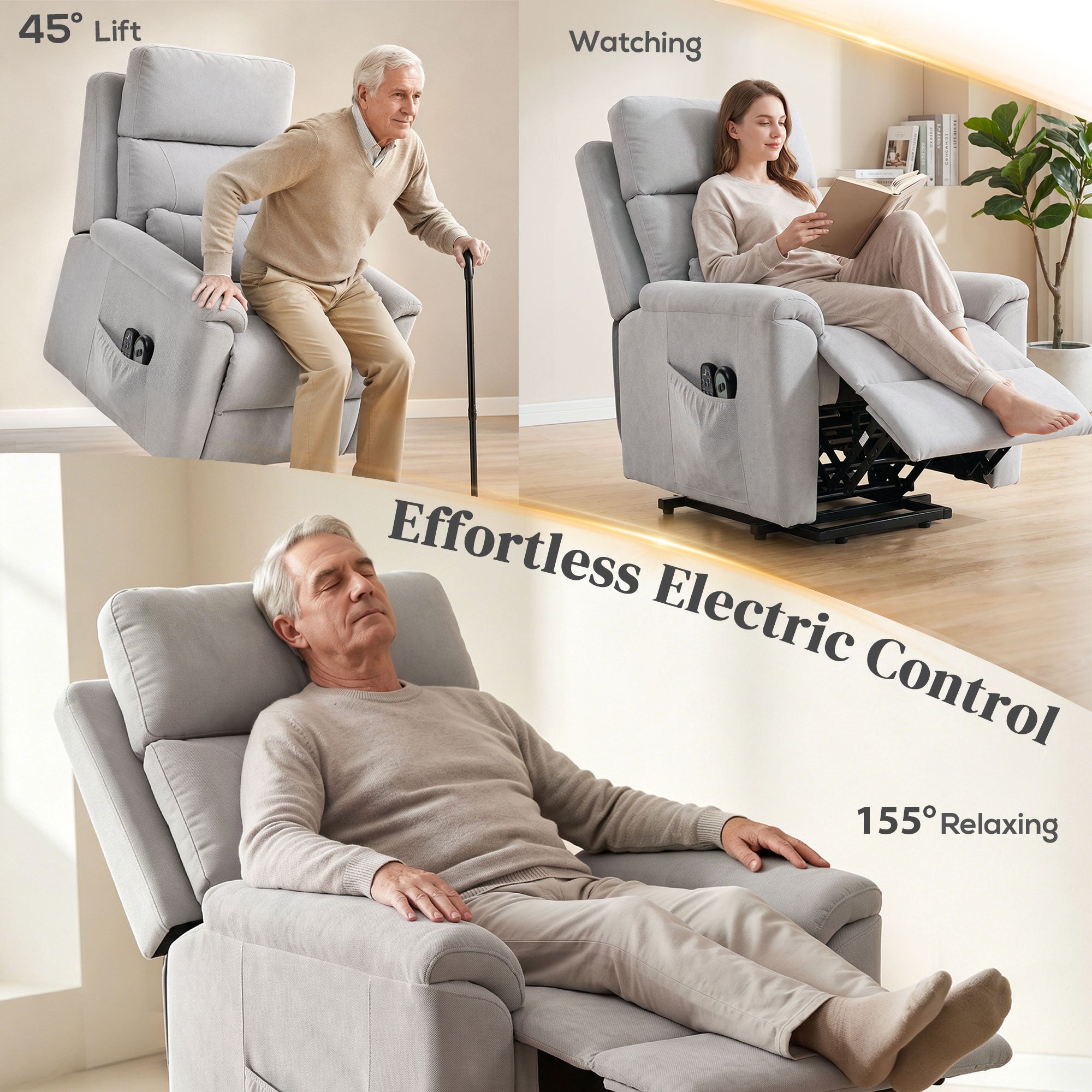 Power Lift Recliner Chair with Vibration Massage and Heat, Terry Cloth Electric Lift Chair for Elderly with Spring Cushion, High Back, Remote, Recliner Armchair for Living Room, Light Grey