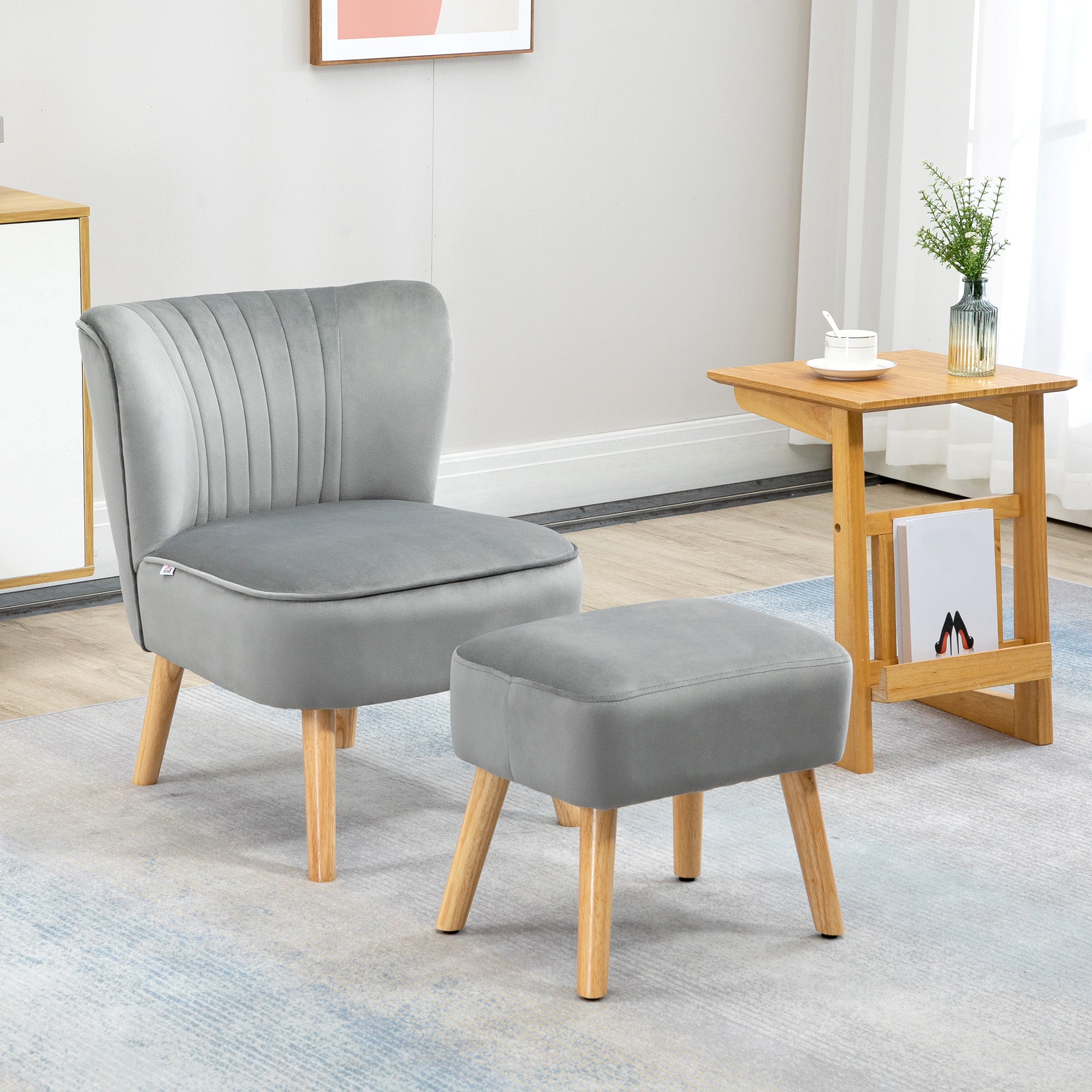 HOMCOM Velvet Accent Chair Occasional Tub Seat Padding Curved Back with Ottoman Wood Frame Legs Home Furniture Light Grey