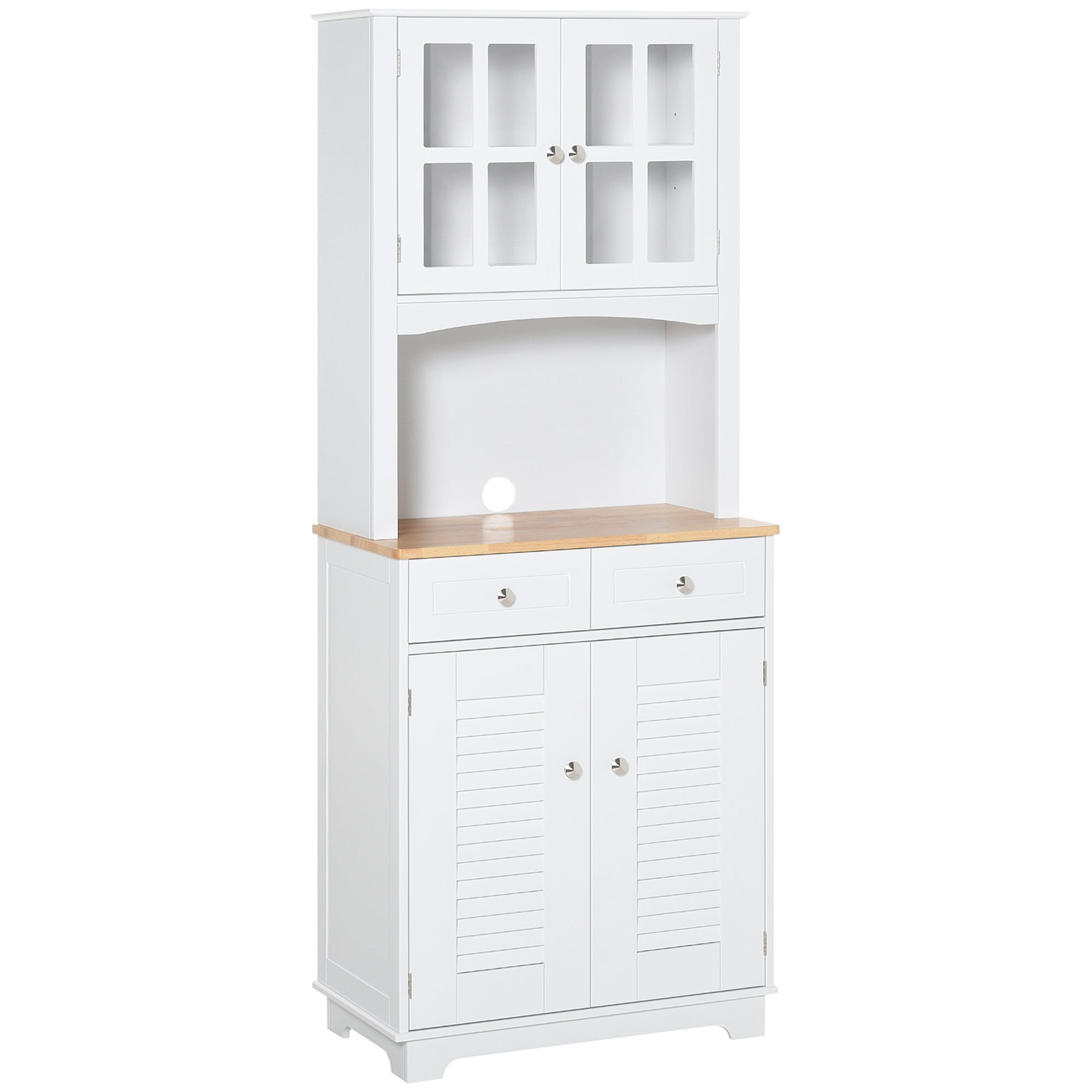 HOMCOM 26.8" Traditional Freestanding Kitchen Pantry Cabinet with Framed Door and Louvered Cabinet, Kitchen Buffet and Hutch Wooden Storage Sideboard with Microwave Counter, White