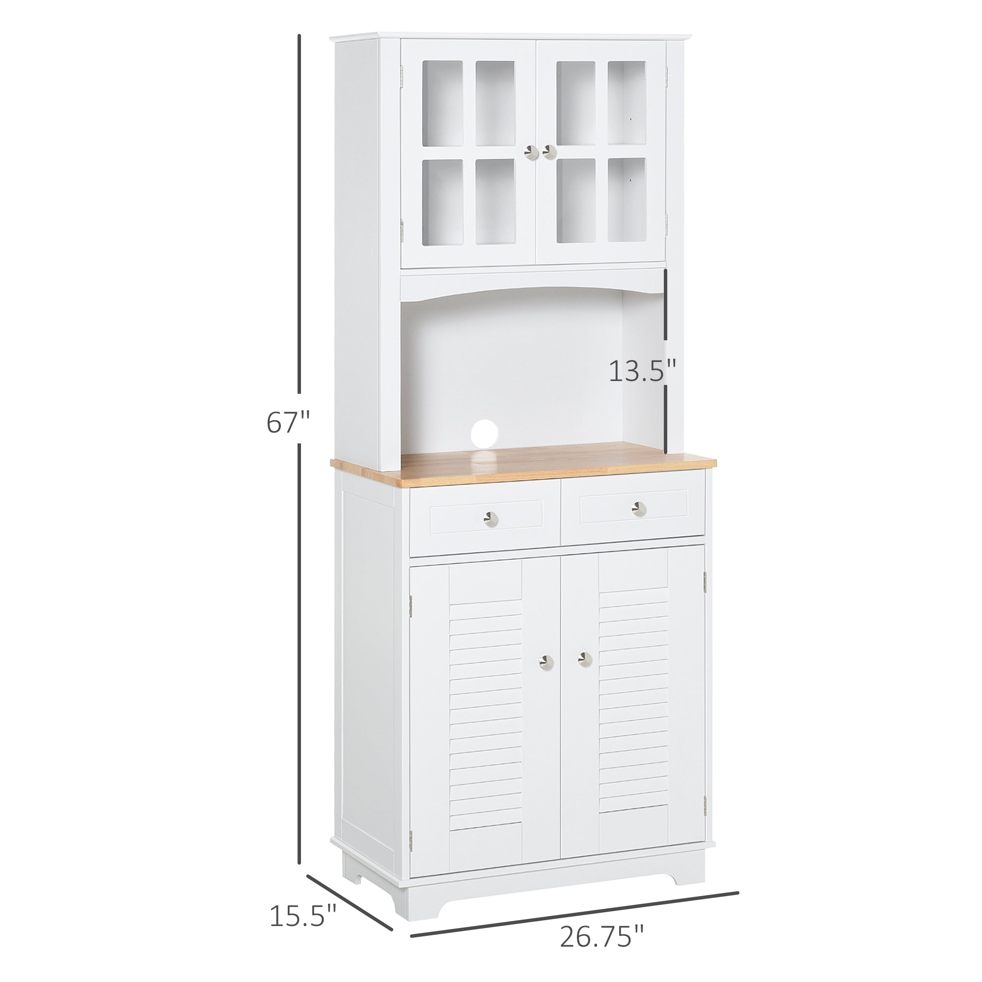 HOMCOM 26.8" Traditional Freestanding Kitchen Pantry Cabinet with Framed Door and Louvered Cabinet, Kitchen Buffet and Hutch Wooden Storage Sideboard with Microwave Counter, White