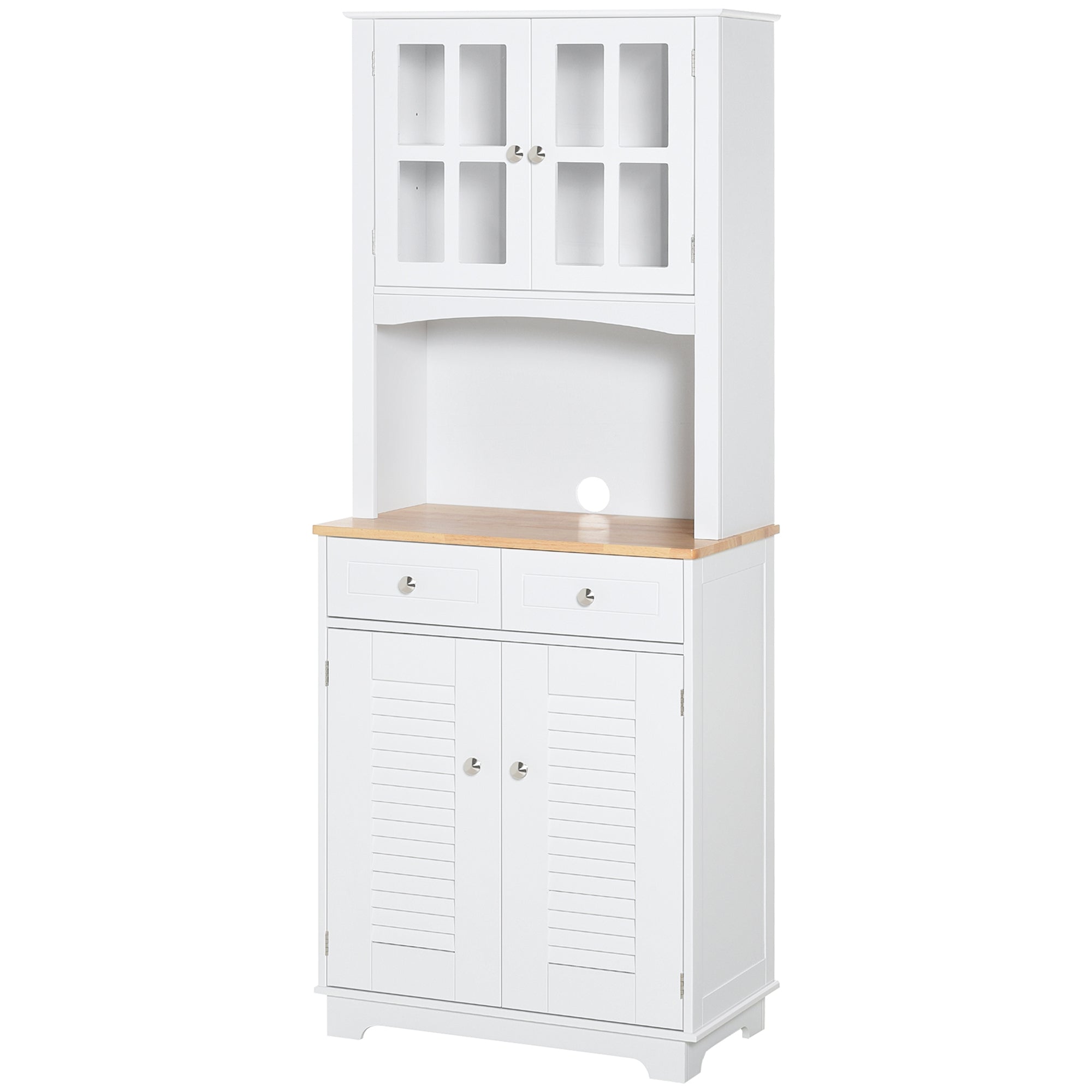 HOMCOM 26.8" Traditional Freestanding Kitchen Pantry Cabinet with Framed Door and Louvered Cabinet, Kitchen Buffet and Hutch Wooden Storage Sideboard with Microwave Counter, White