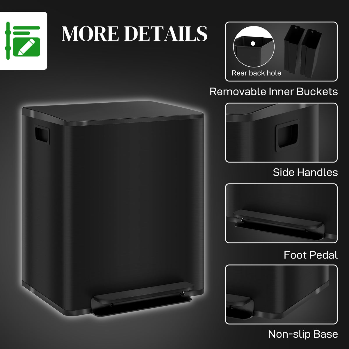 2 x 6.6 Gallon Dual Trash Can, Soft-Close Lid Stainless Steel Double Garbage Bin with Removable Inner Buckets and Handles for Kitchen, Office, Bathroom, Black
