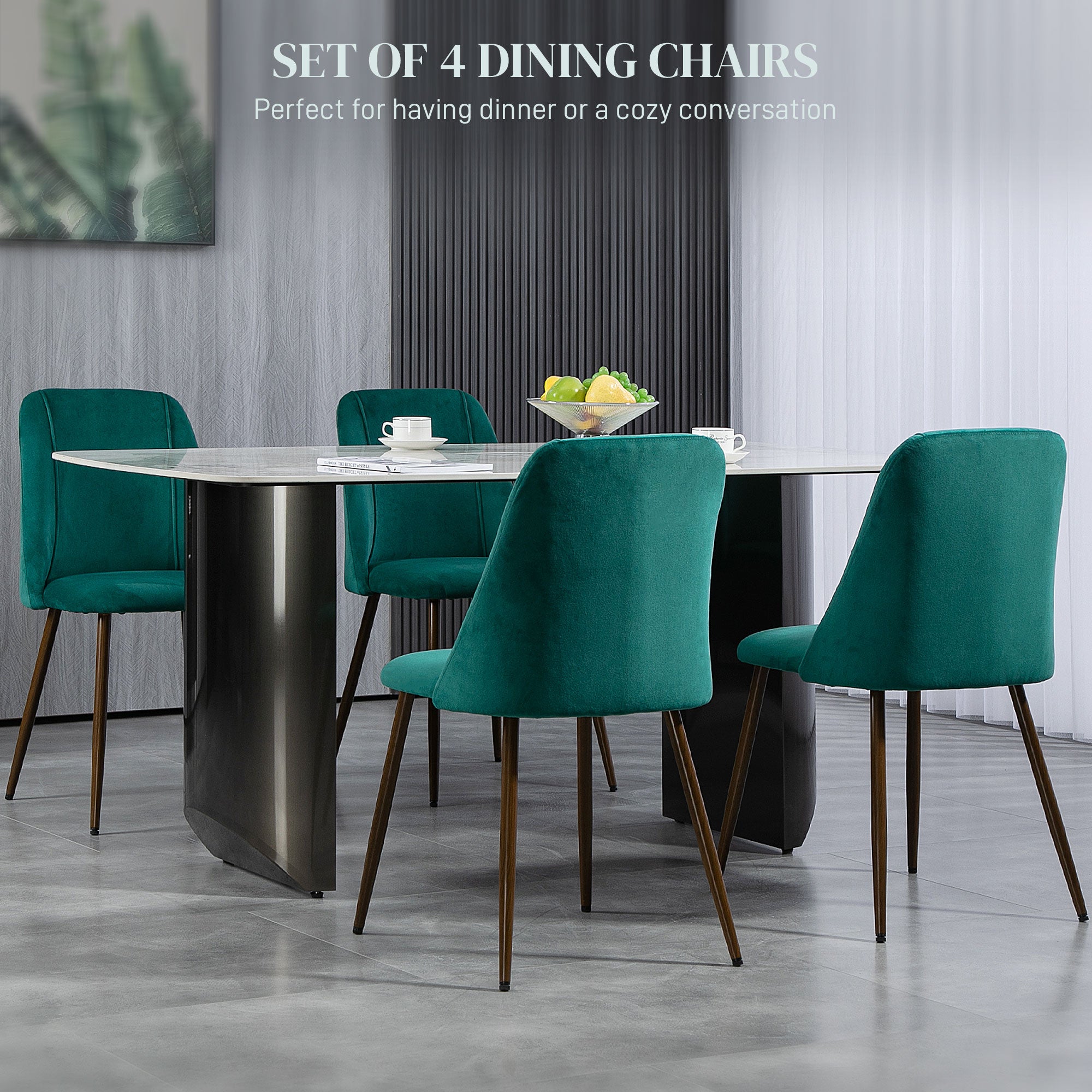 HOMCOM Dining Chairs Set of 4, Modern Kitchen Chairs with Velvet-touch Upholstery, Curved Back and Wood-grain Steel Legs, Accent Chairs for Living Room, Bedroom, Green