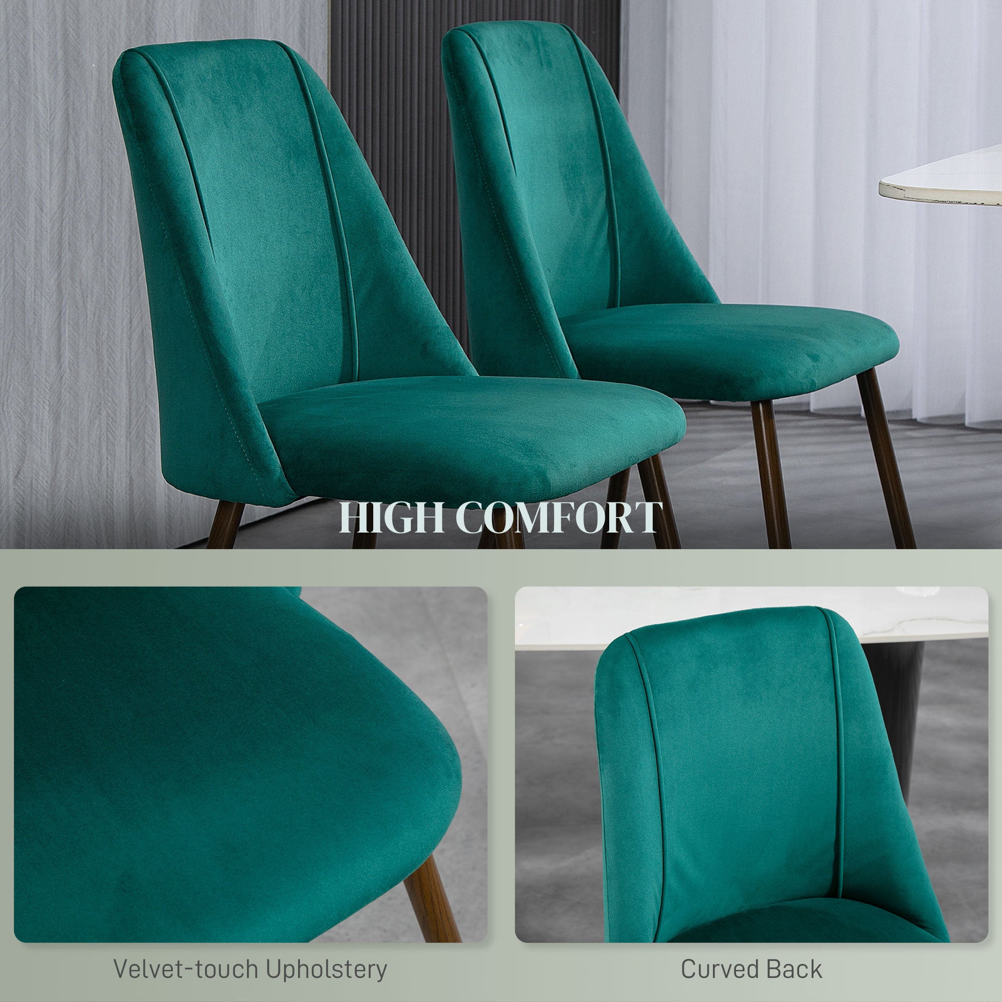 HOMCOM Dining Chairs Set of 4, Modern Kitchen Chairs with Velvet-touch Upholstery, Curved Back and Wood-grain Steel Legs, Accent Chairs for Living Room, Bedroom, Green