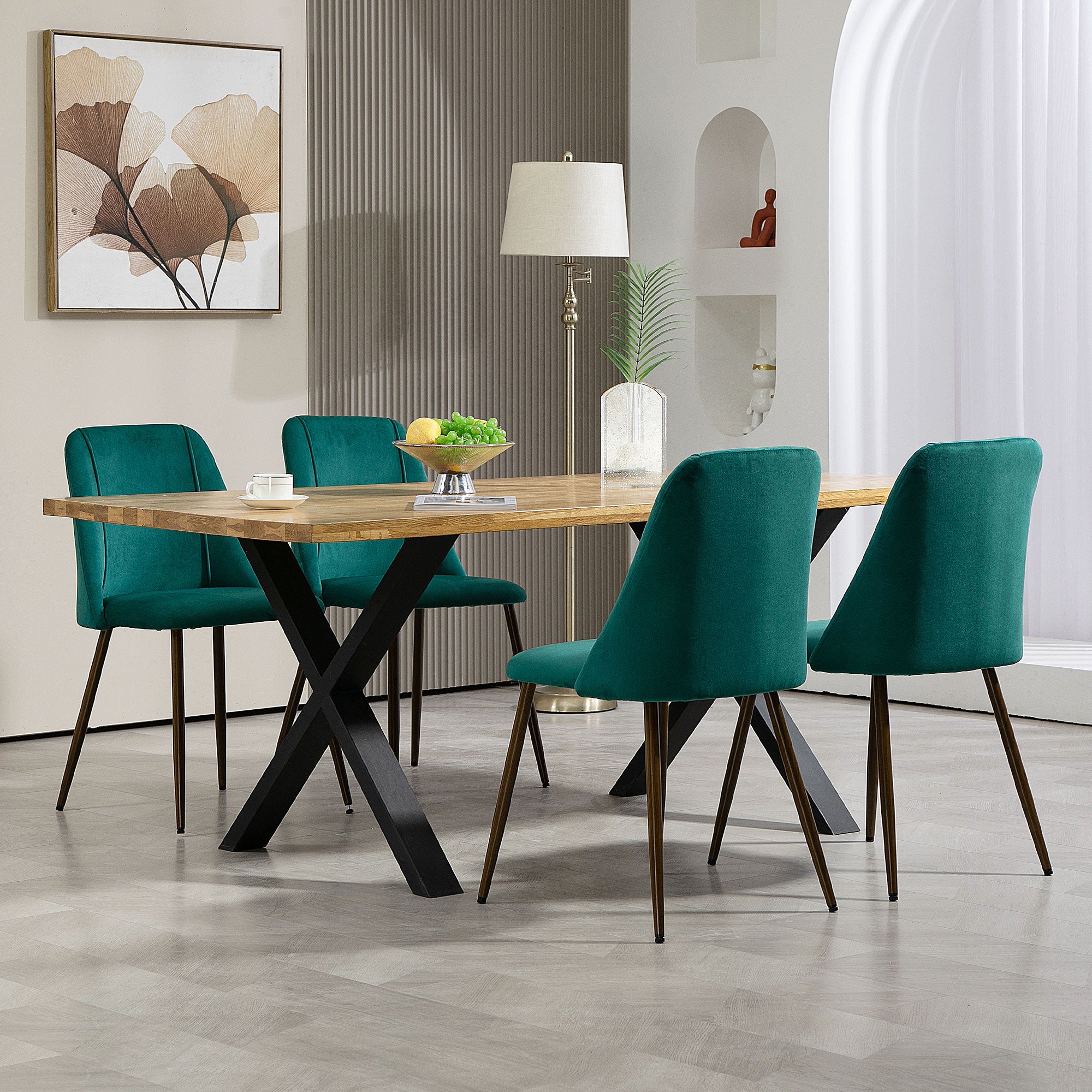 HOMCOM Dining Chairs Set of 4, Modern Kitchen Chairs with Velvet-touch Upholstery, Curved Back and Wood-grain Steel Legs, Accent Chairs for Living Room, Bedroom, Green