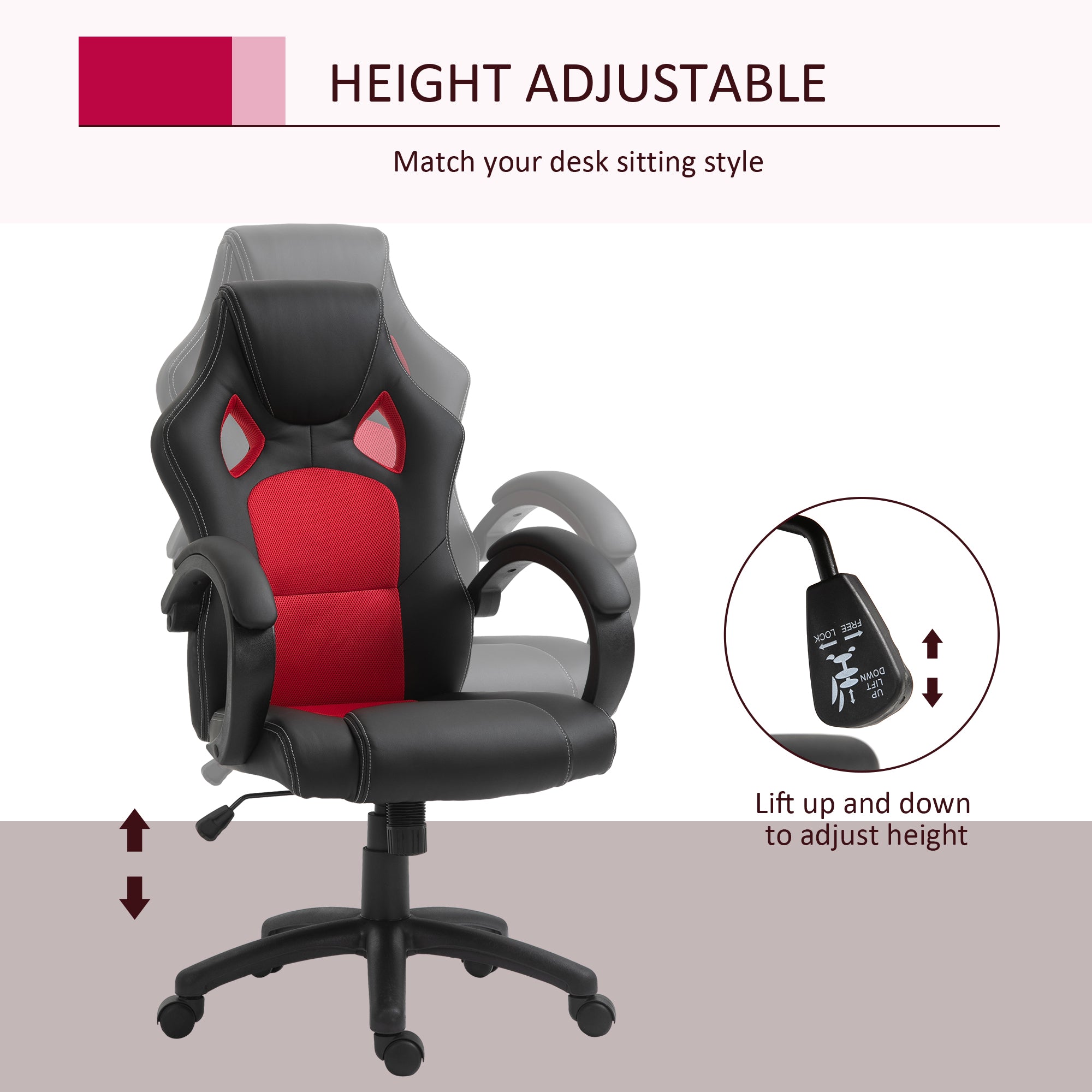 Vinsetto High-Back Gaming Chair Faux Leather Swivel Computer Racing Gamer Desk Chair for Home Office with Wheels, Red