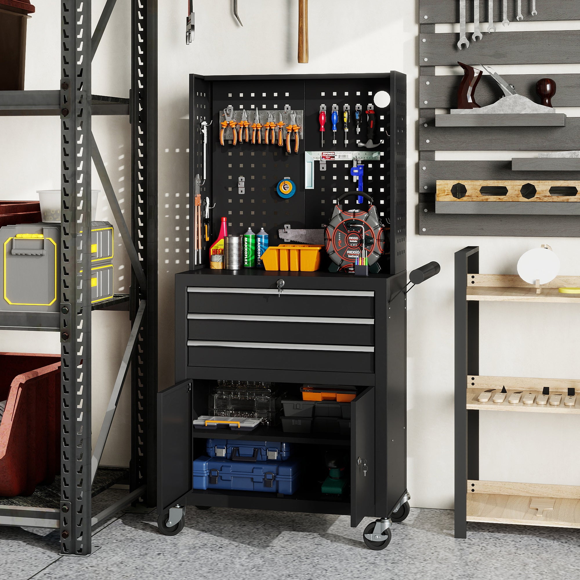 Rolling Tool Cabinet with Pegboard, Lockable Tool Chest with 3 Drawers and Adjustable Shelf, Mobile Tool Storage Organizer for Garage and Workshop, Black
