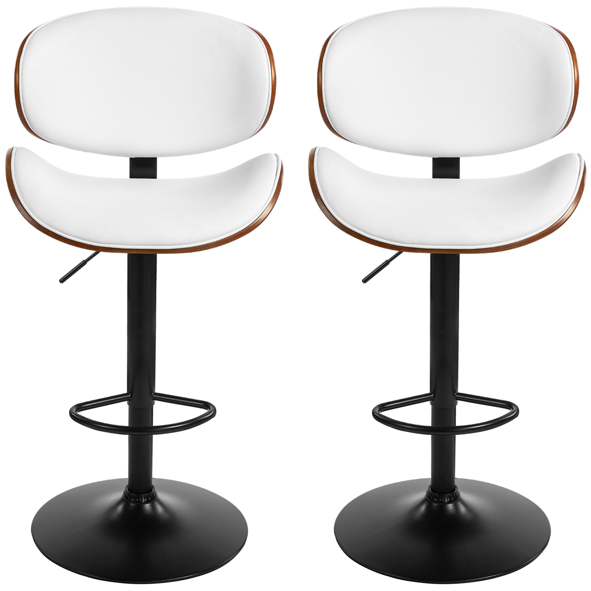 HOMCOM Bar Stools Set of 2, Modern Adjustable Swivel Barstools, PU Leather Bar Chairs with Curved Back, Footrest and Steel Base, White