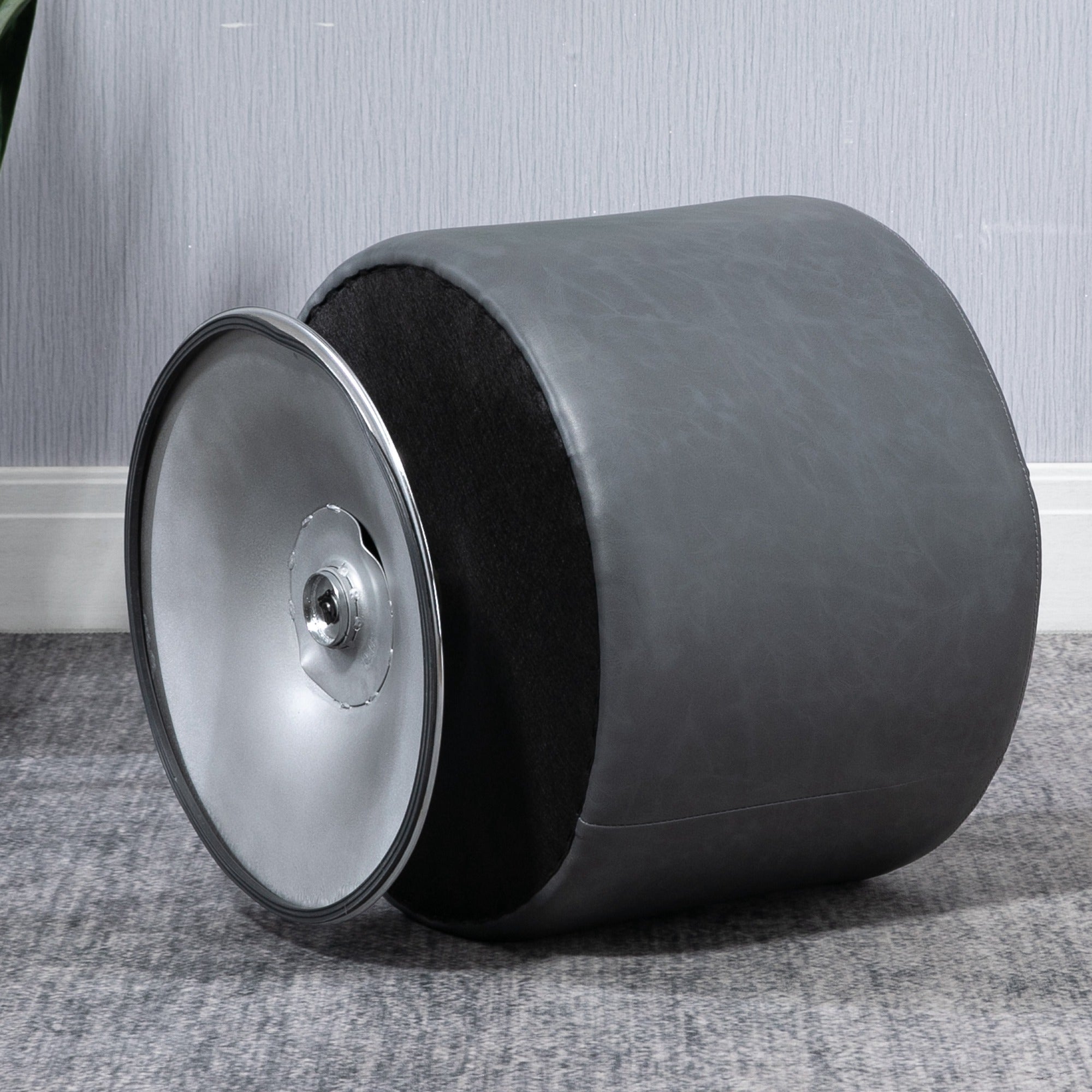 HOMCOM 360° Swivel Foot Stool Round PU Ottoman with Thick Sponge Padding and Solid Steel Base, Grey