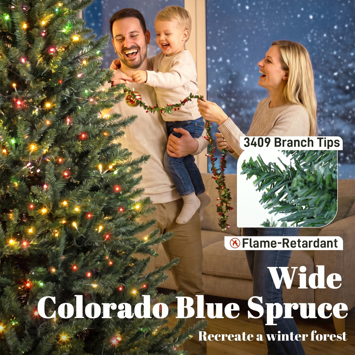 9ft Prelit Christmas Tree with Colourful DIY LEDs, Frasier Grande Fir, Hinged Xmas Tree with Remote, 12 Modes, Daily Timer, Dense Tips, Adjustable Brightness