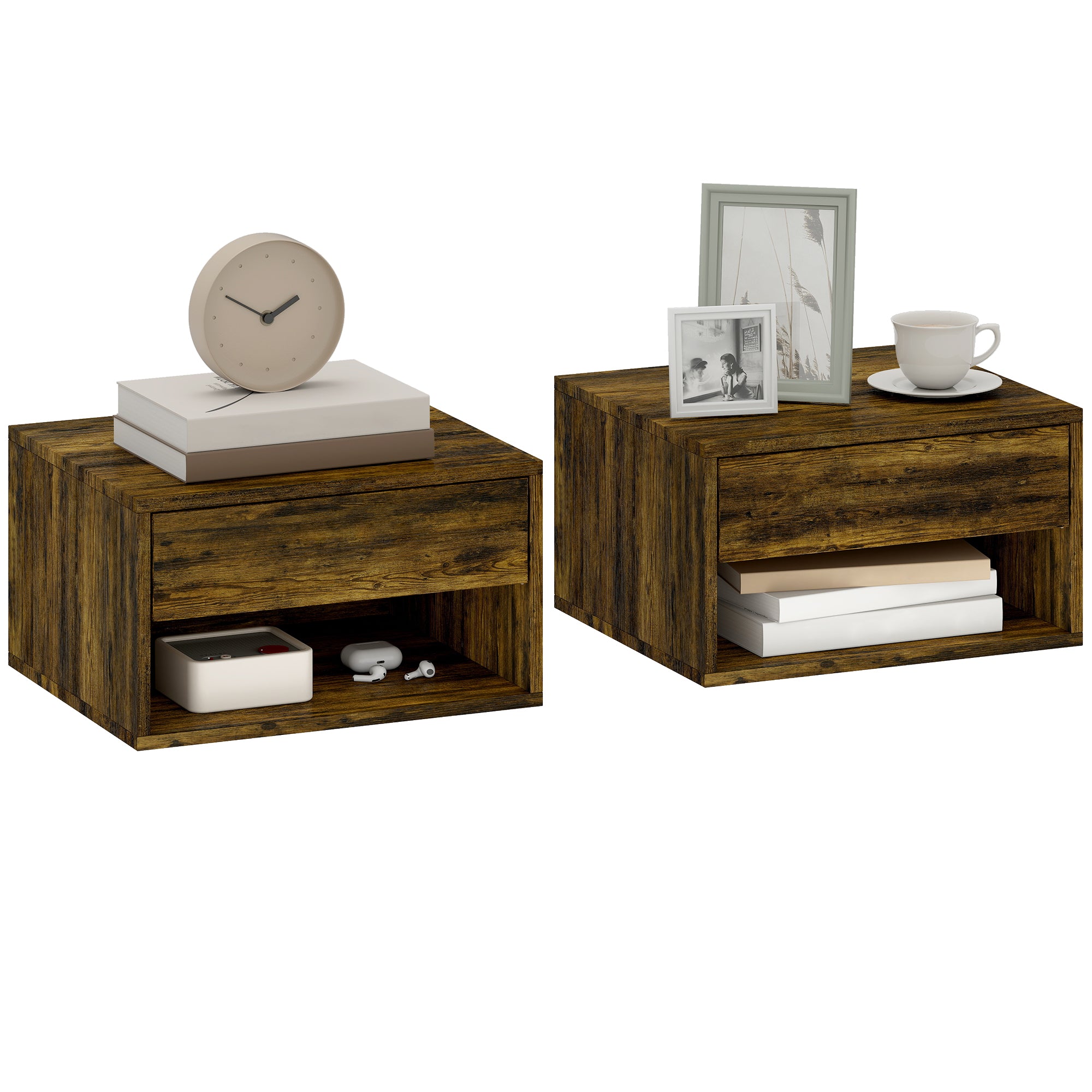 Floating Bedside Tables Set of 2, Wall Mounted Nightstand with Drawer and Open Shelf for Bedroom, Rustic Brown