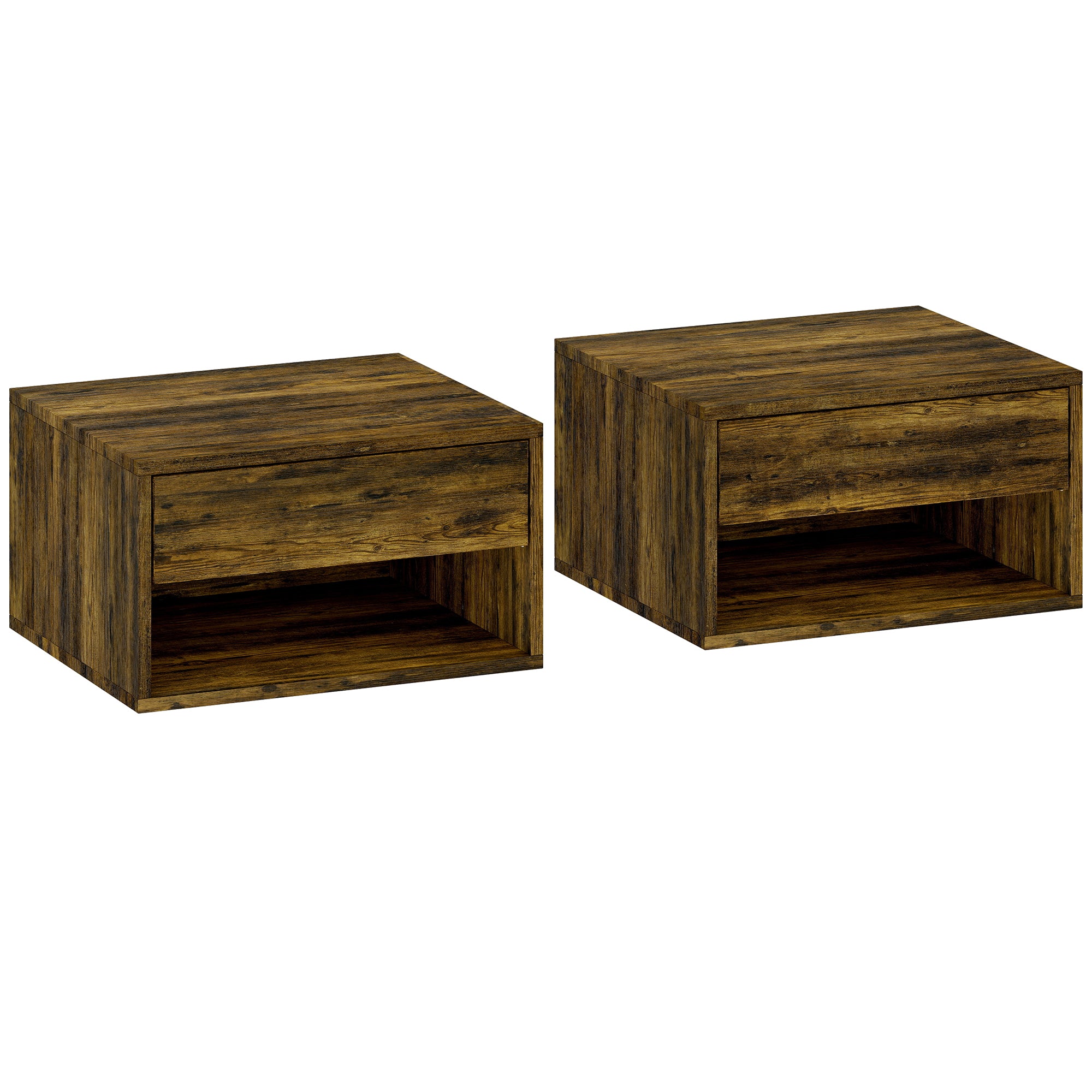 Floating Bedside Tables Set of 2, Wall Mounted Nightstand with Drawer and Open Shelf for Bedroom, Rustic Brown
