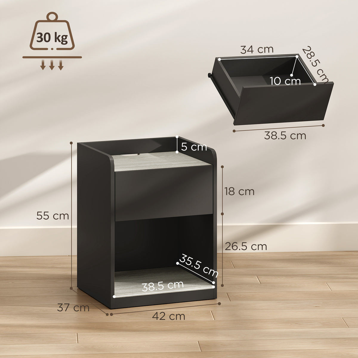 Modern Bedside Table, Slim Nightstand with Drawer, Shelf and Cable Holes, Bedside Cabinet for Bedroom, Living Room, Black and Grey Wood Effect
