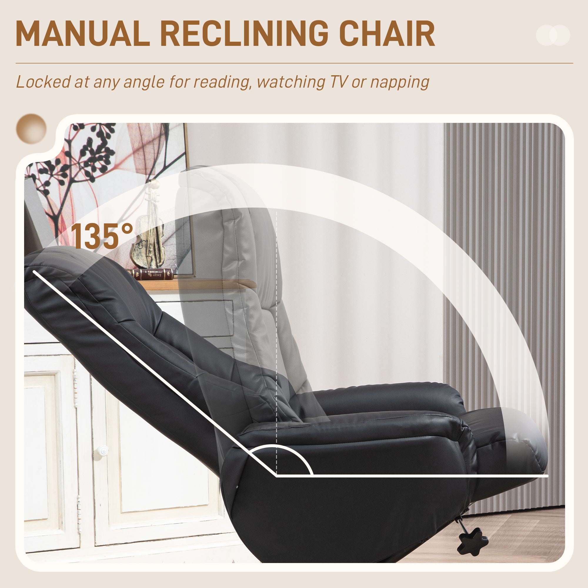 Rocking Recliner Chair with Footstool, PU Leather Recliner Armchair with Wood Base, Upholstered Reclining Chair for Living Room Bedroom, Black
