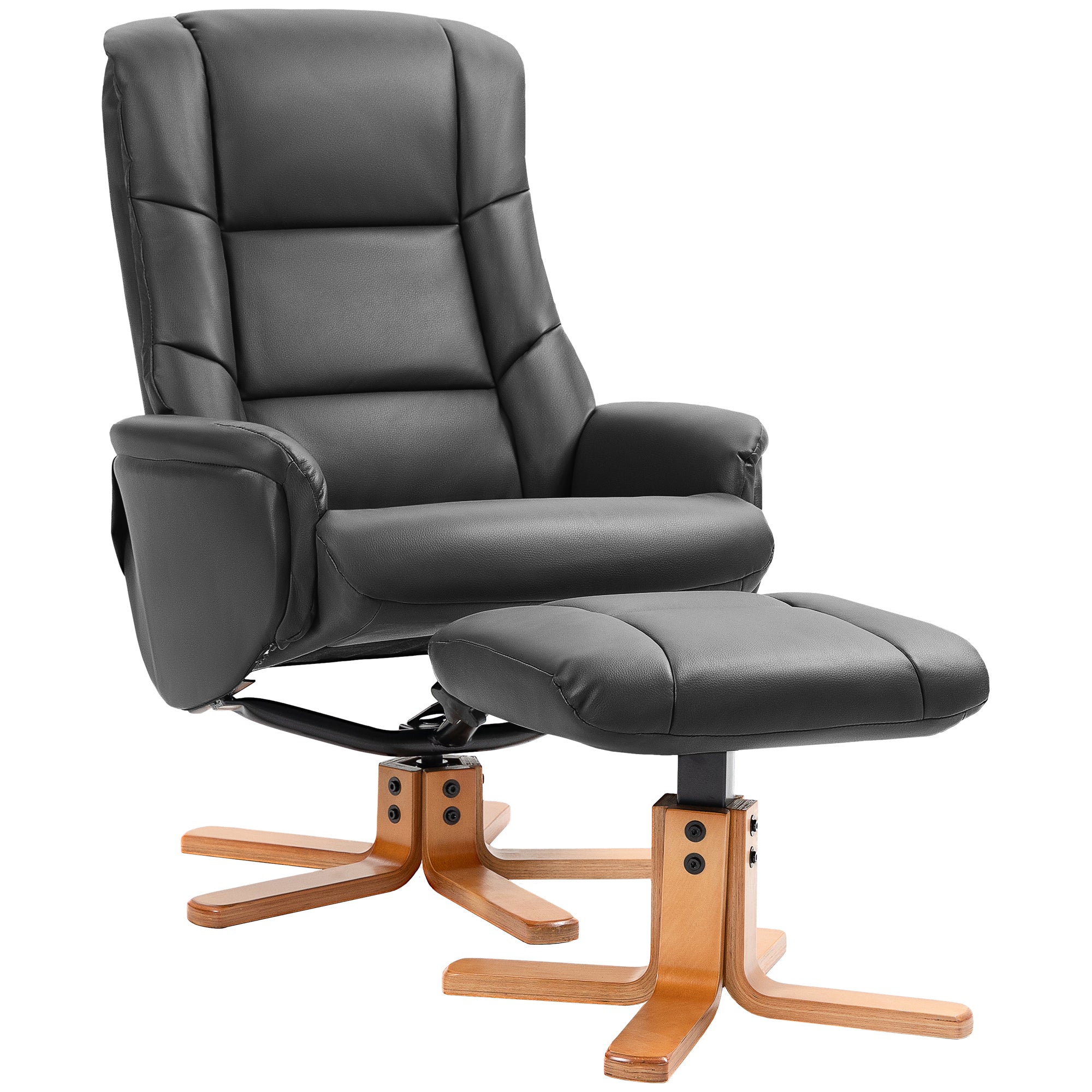 Rocking Recliner Chair with Footstool, PU Leather Recliner Armchair with Wood Base, Upholstered Reclining Chair for Living Room Bedroom, Black