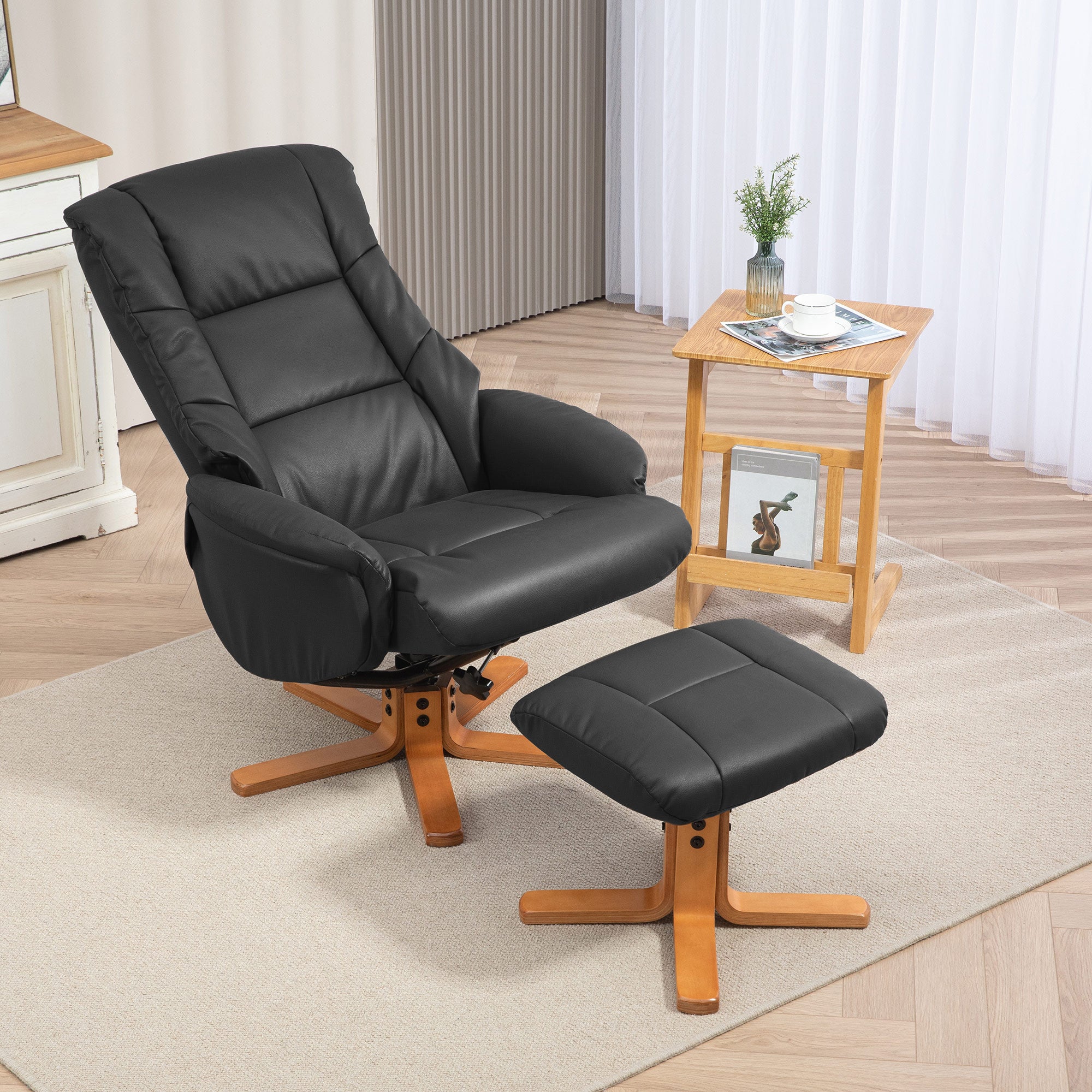 Rocking Recliner Chair with Footstool, PU Leather Recliner Armchair with Wood Base, Upholstered Reclining Chair for Living Room Bedroom, Black
