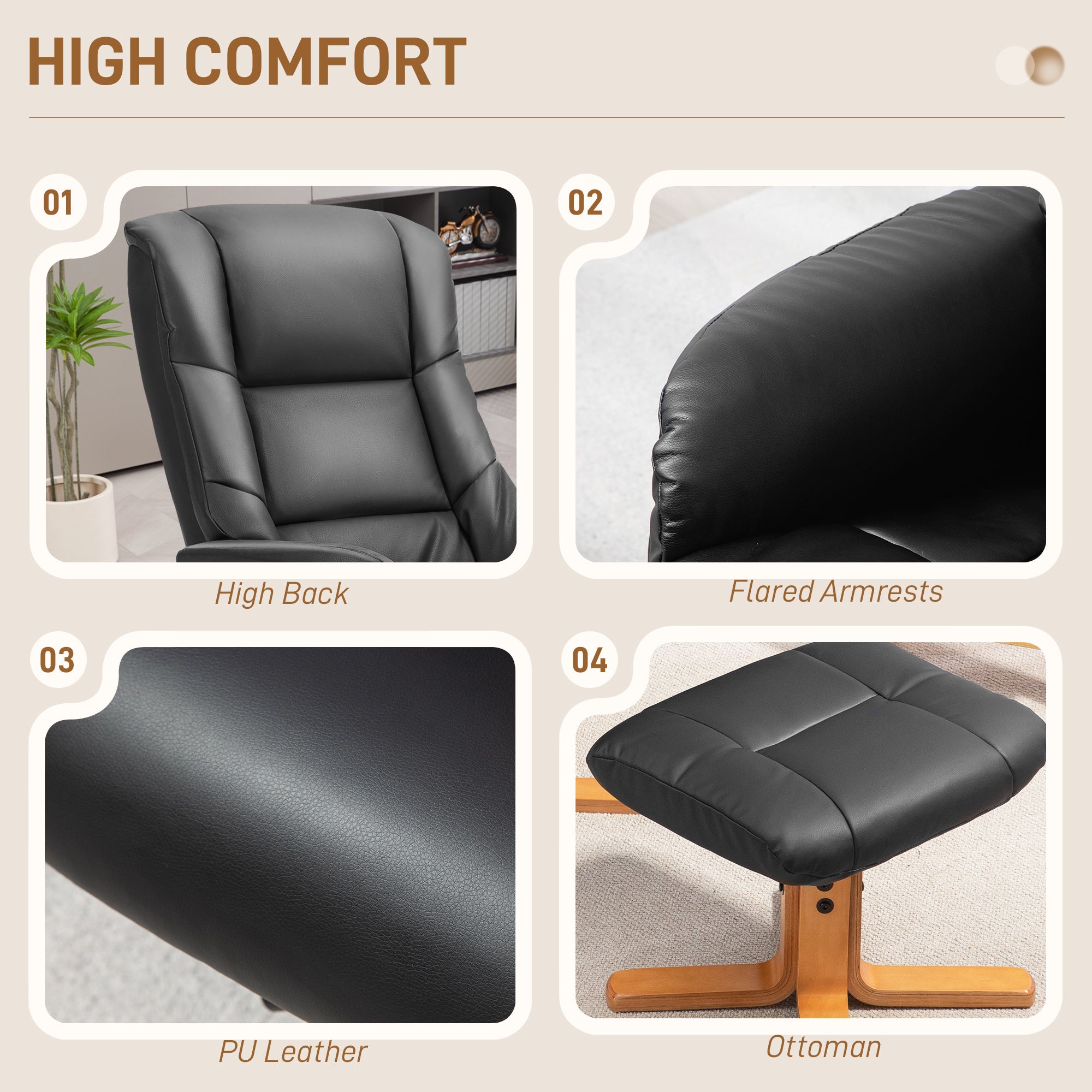 Rocking Recliner Chair with Footstool, PU Leather Recliner Armchair with Wood Base, Upholstered Reclining Chair for Living Room Bedroom, Black