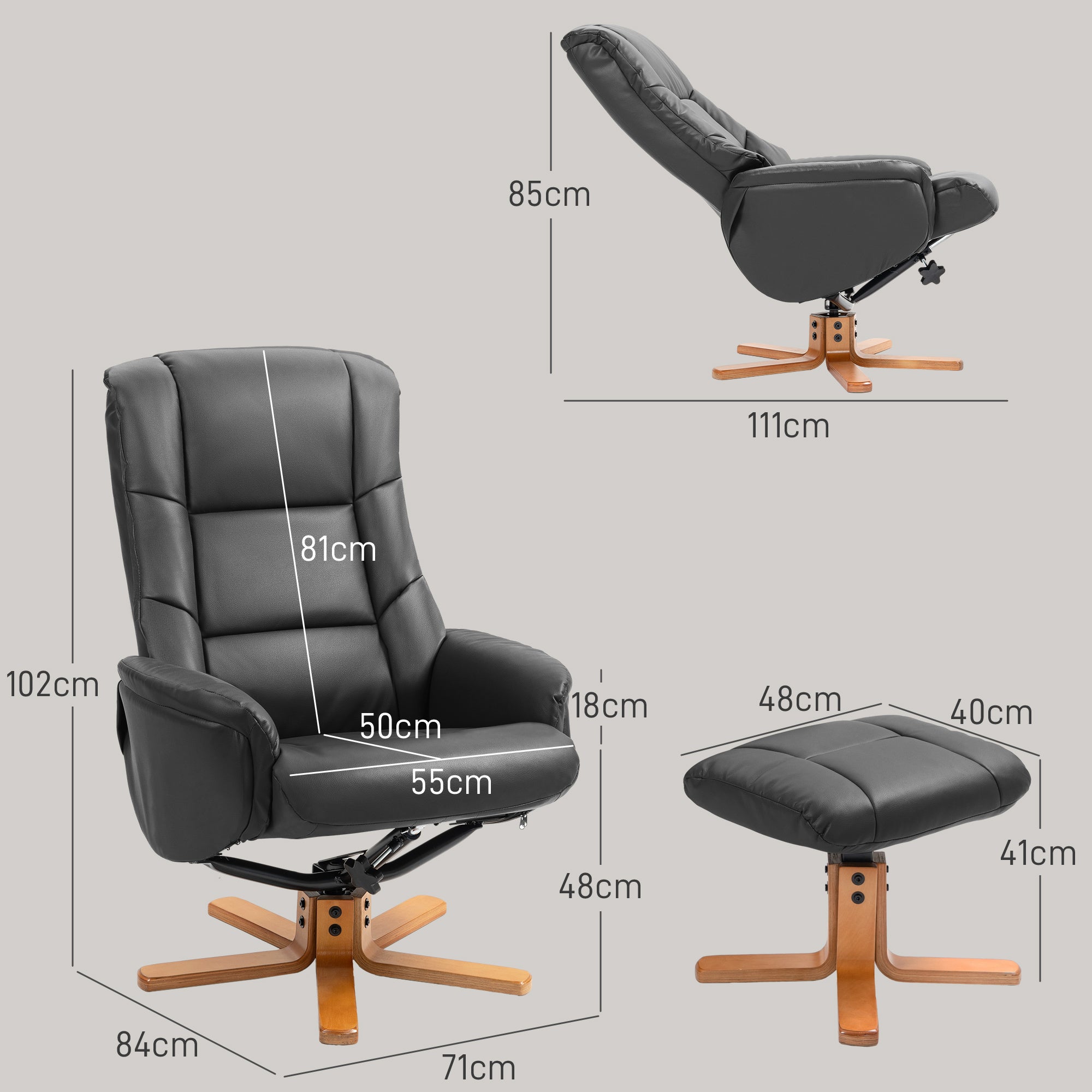 Rocking Recliner Chair with Footstool, PU Leather Recliner Armchair with Wood Base, Upholstered Reclining Chair for Living Room Bedroom, Black