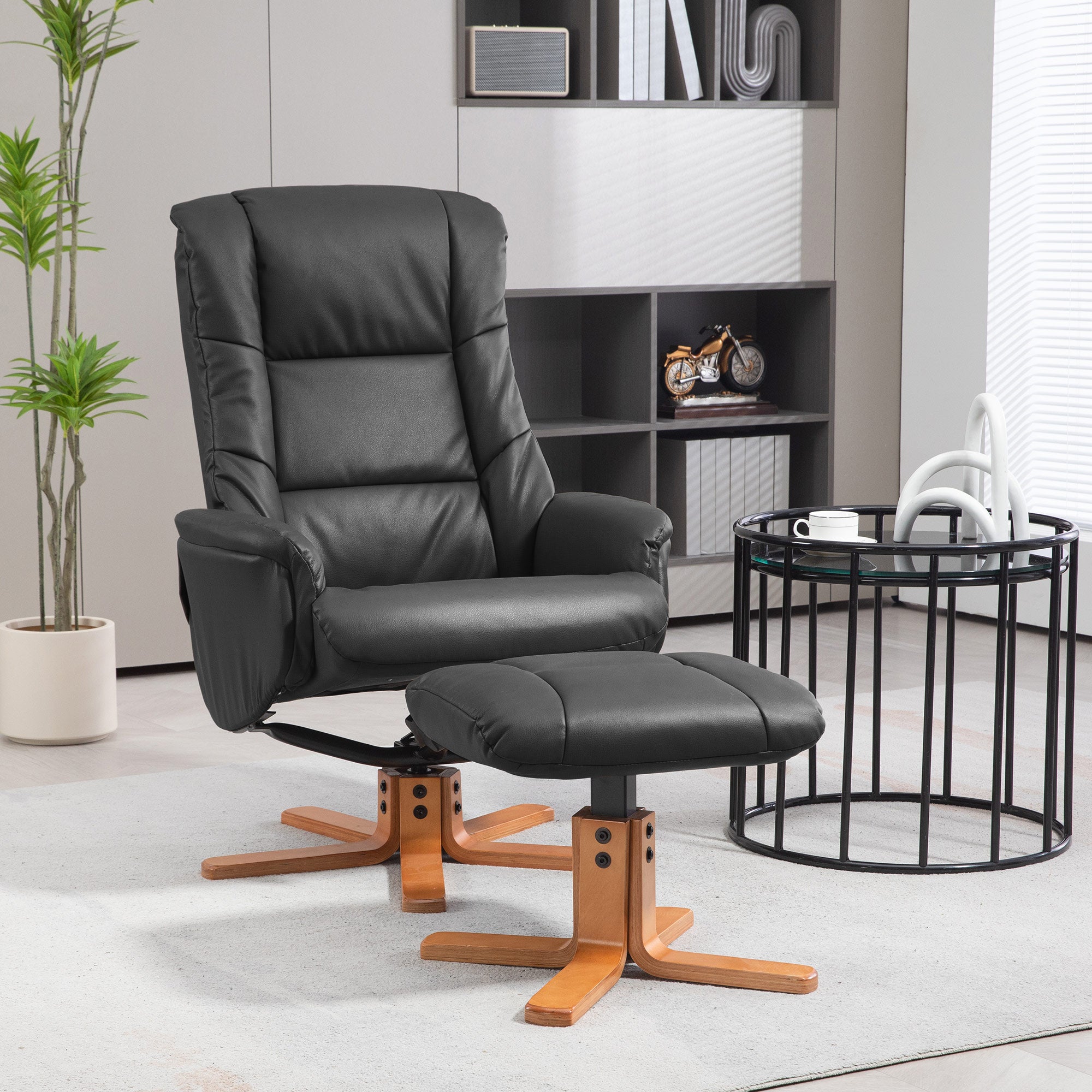 Rocking Recliner Chair with Footstool, PU Leather Recliner Armchair with Wood Base, Upholstered Reclining Chair for Living Room Bedroom, Black