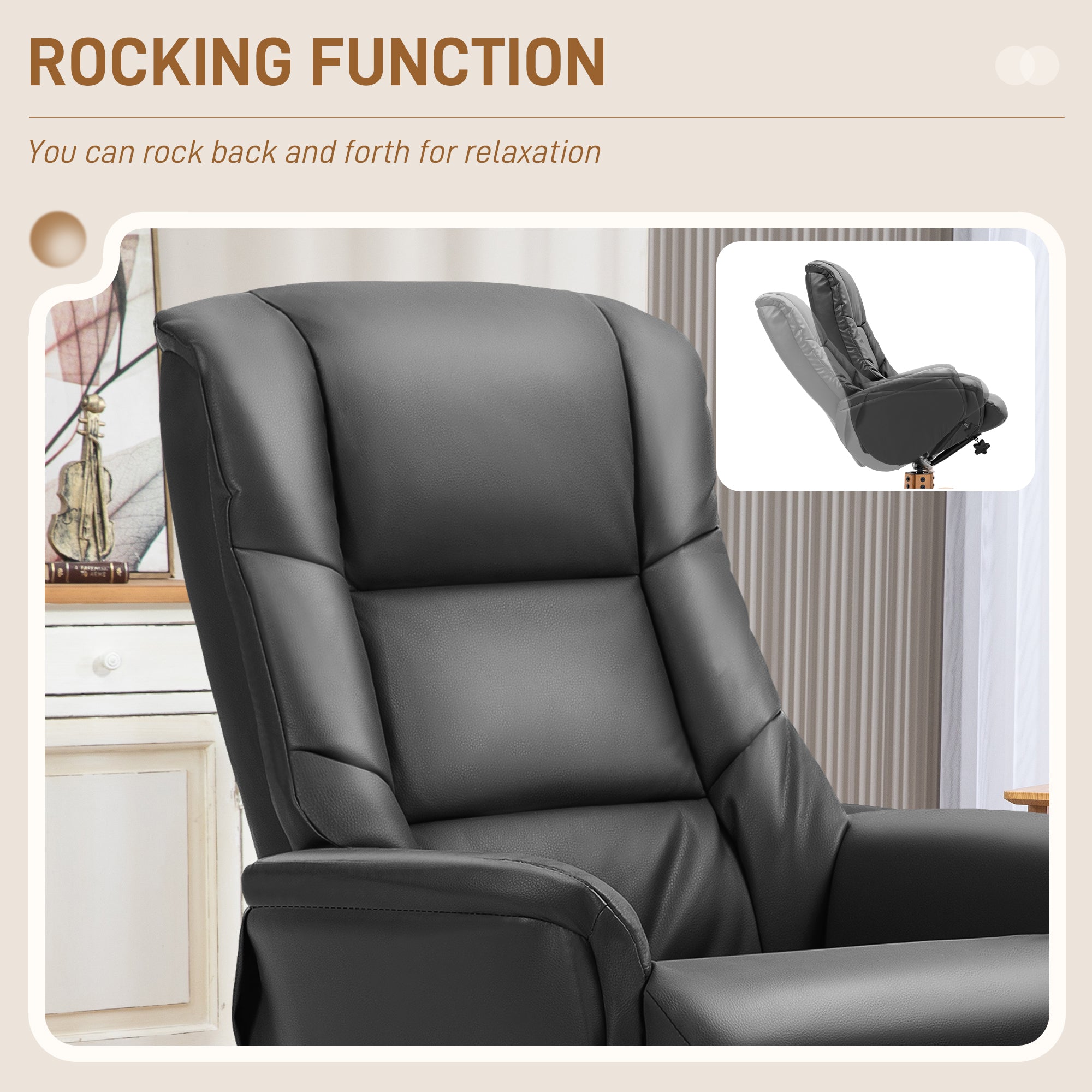 Rocking Recliner Chair with Footstool, PU Leather Recliner Armchair with Wood Base, Upholstered Reclining Chair for Living Room Bedroom, Black
