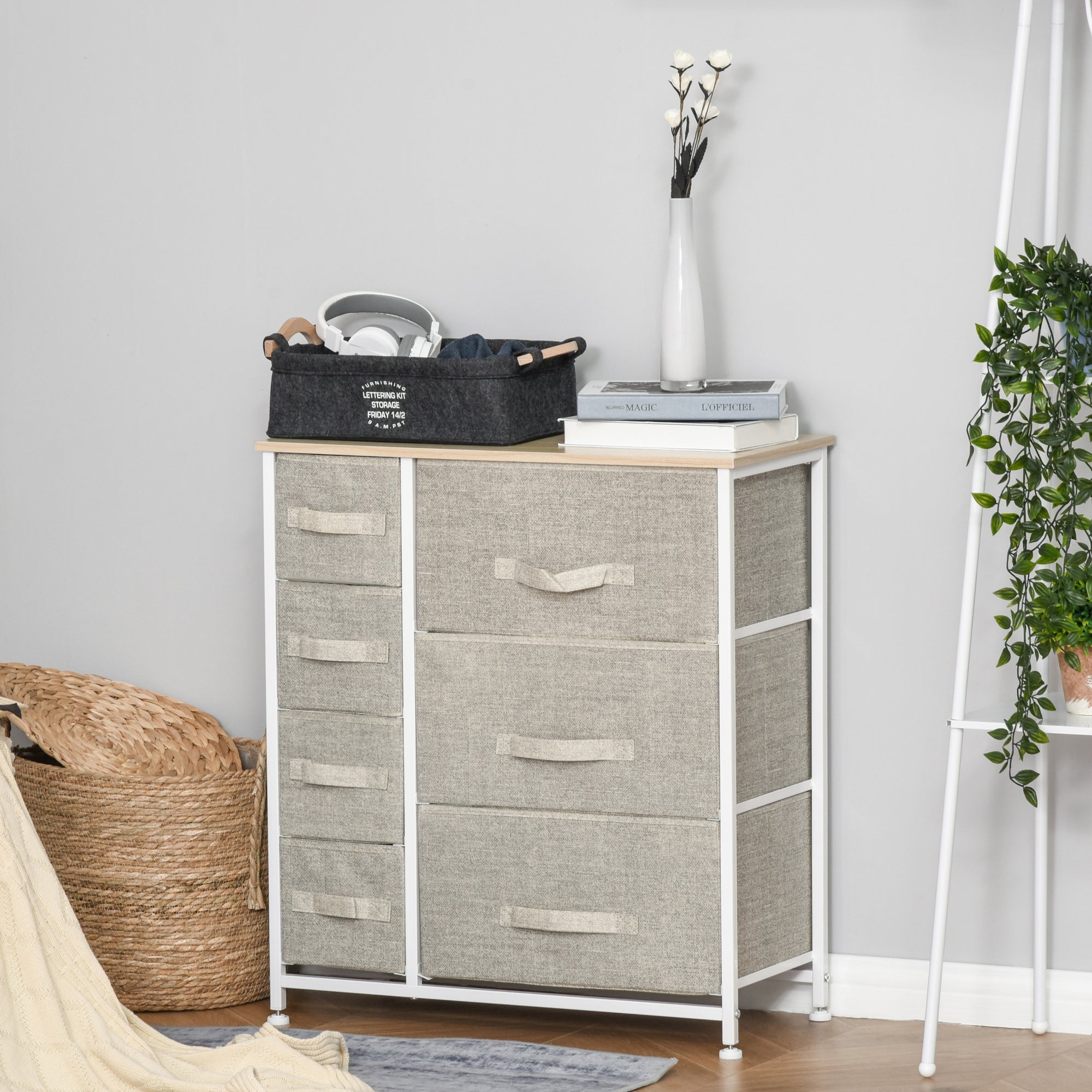 HOMCOM Dresser for Bedroom with 7 Drawers, Chest of Drawers with Metal Frame, Closet Fabric Dresser for Living Room, Entryway, Hallway, Light Grey
