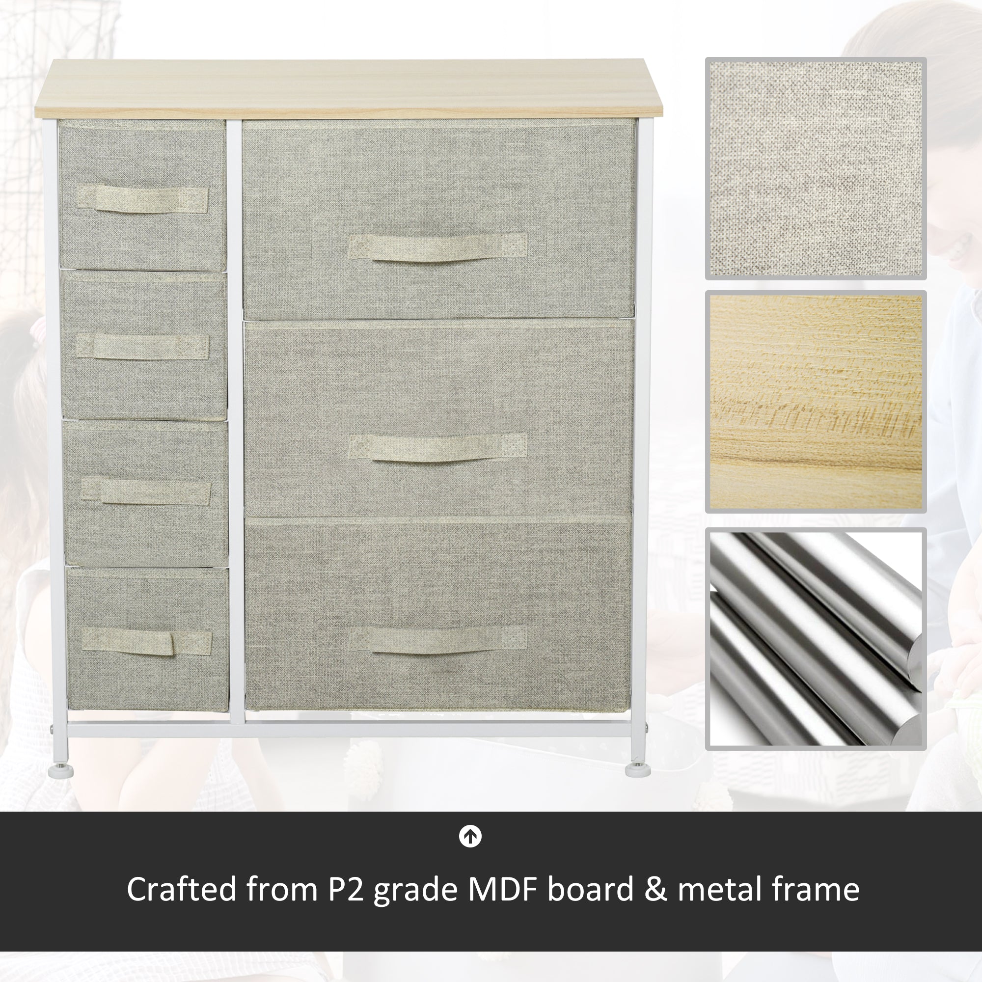 7-Drawer Dresser Storage Tower Cabinet Organizer Unit, Easy Pull Fabric Bins with Metal Frame for Bedroom, Closets, Light Gray