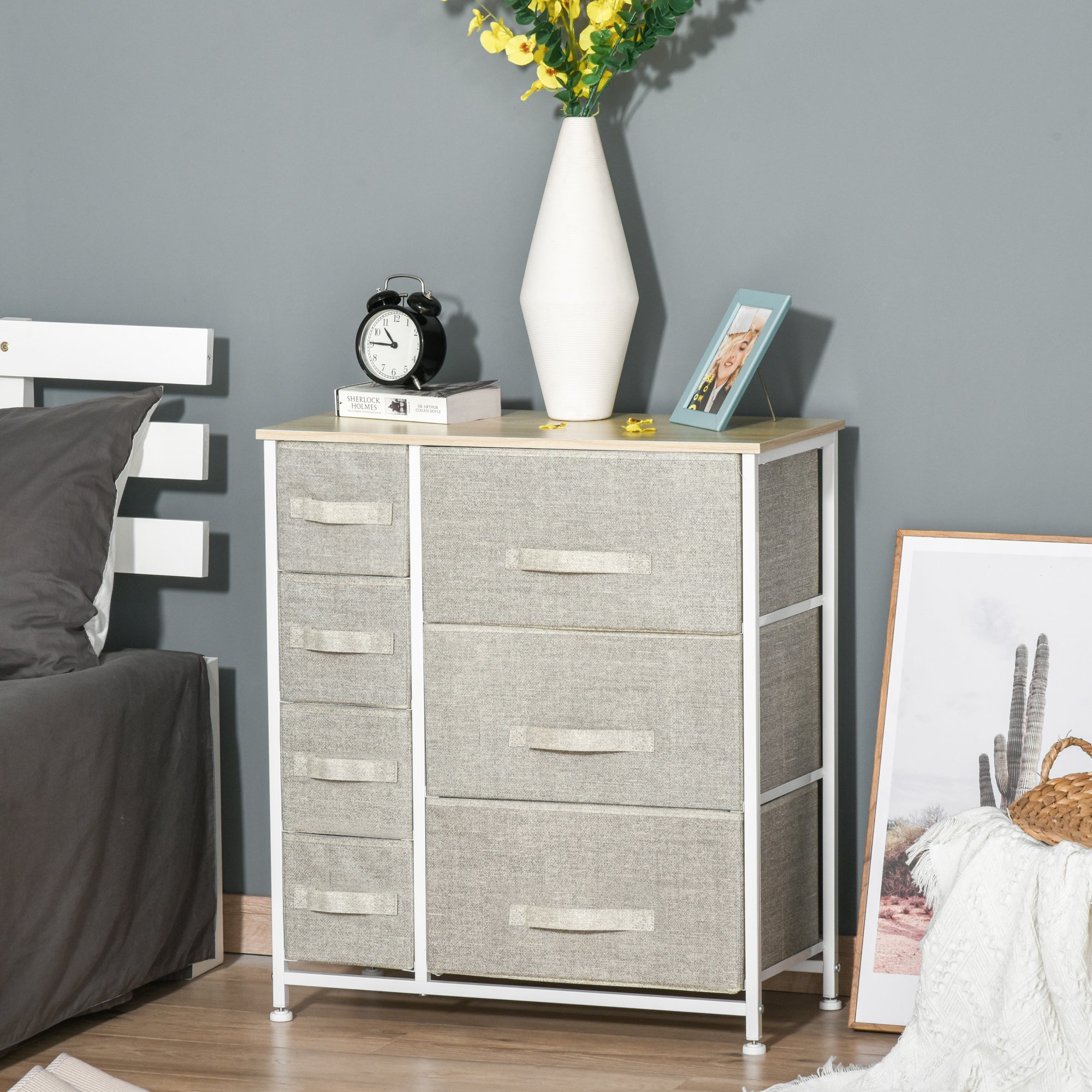 HOMCOM Dresser for Bedroom with 7 Drawers, Chest of Drawers with Metal Frame, Closet Fabric Dresser for Living Room, Entryway, Hallway, Light Grey