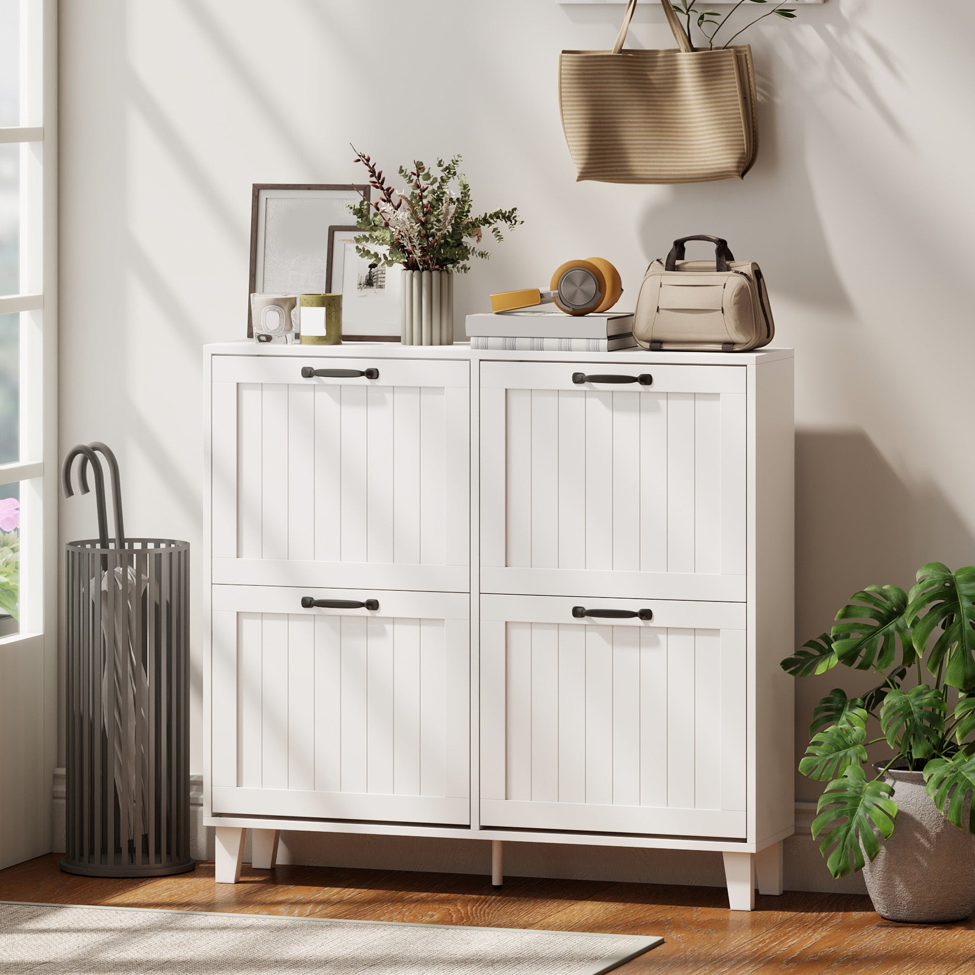 Shoe Cabinet with 4 Flip Drawers, Freestanding Narrow Shoe Storage Cabinet with Adjustable Shelves, Open Back, Bamboo Legs for Entryway, Hallway, Holds 16-20 Pairs, White