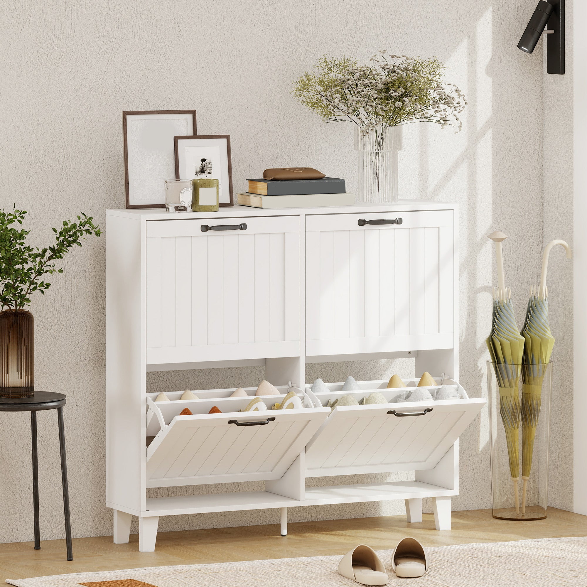 Shoe Cabinet with 4 Flip Drawers, Freestanding Narrow Shoe Storage Cabinet with Adjustable Shelves, Open Back, Bamboo Legs for Entryway, Hallway, Holds 16-20 Pairs, White