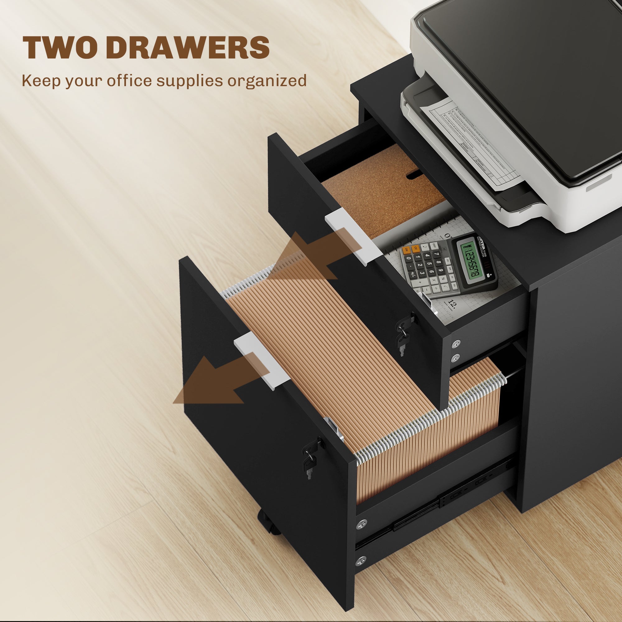 Mobile File Cabinet with Wheels and Lock, 2 Drawer Under Desk Office Cabinet, Adjustable A4 and Letter Hanging Bars, Black
