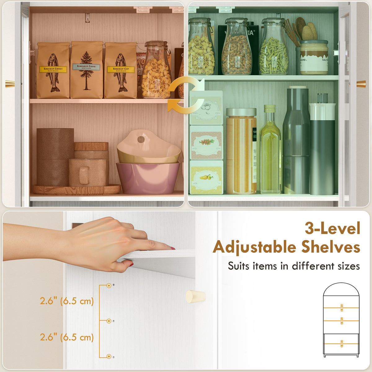 71" Tall Arched Kitchen Pantry Cabinet, Farmhouse Freestanding Kitchen Storage Cabinet with Adjustable Shelves, Acrylic Glass Doors for Living Room, Dining Room, White