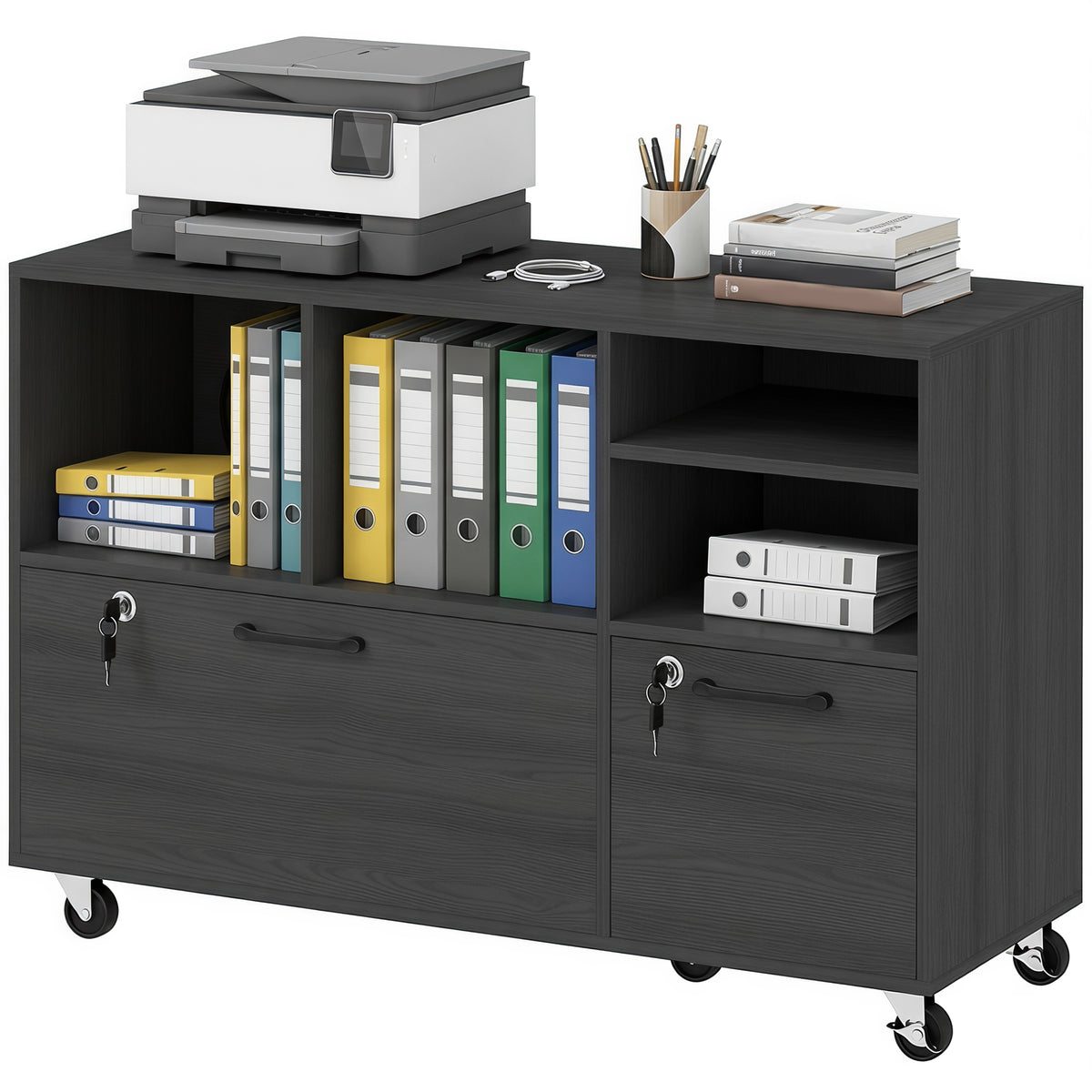 File Cabinet, 2 Drawer Mobile Lateral Filing Cabinet with Lock, Charging Station, Printer Stand with Shelves, Hanging Bars, Fits A4/Letter/Legal Size for Home Office, Black